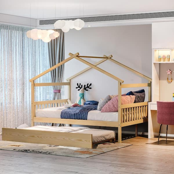 Harper & Bright Designs Natural Full Size Wood House Bed Kids Bed With ... with Durable Kids Beds North Florida