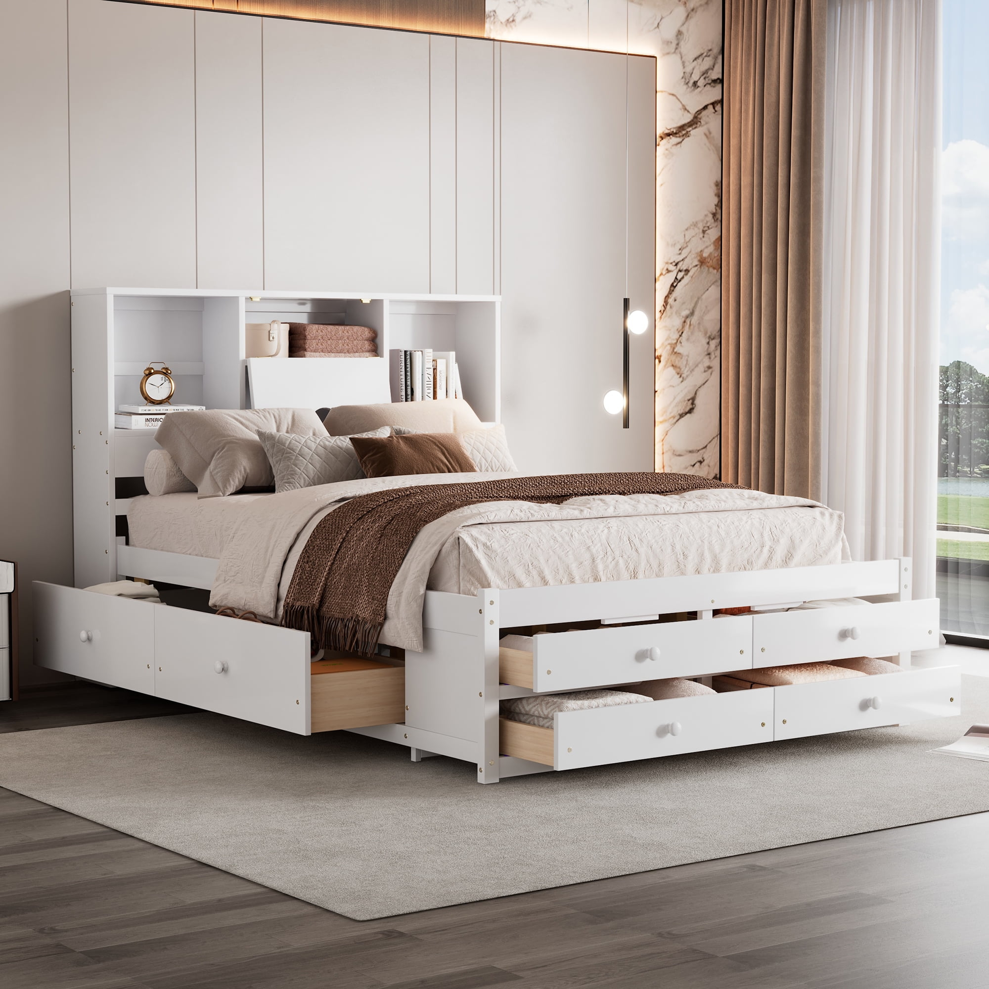 Harper & Bright Designs Queen Size Bed Frame With Storage Headboard And ... pertaining to Queen Platform Bed With Storage Drawers