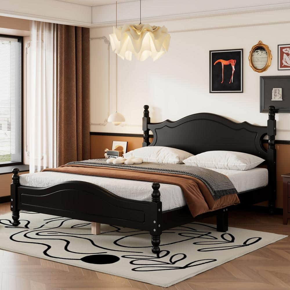 Harper & Bright Designs Retro Style Black Wood Frame Queen Size ... intended for The Ultimate Guide to Selecting a Black Bed Frame Queen with Headboard That Fits Your Space