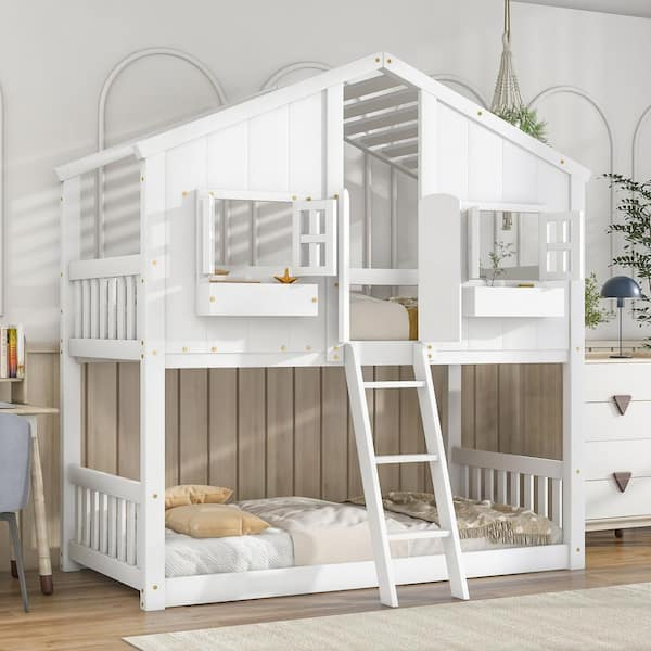 Harper & Bright Designs White Twin Over Twin House Bunk Bed With Roof ... intended for Creating Comfortable Sleeping Arrangements with Double Over Double Bunk Beds for Kids and Adults