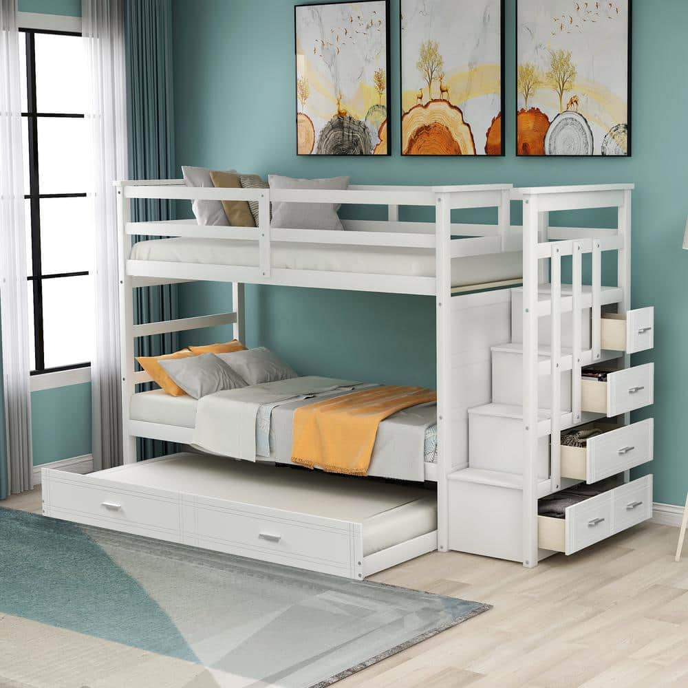 Harper & Bright Designs White Twin Over Twin Wood Bunk Bed With Trundle ... regarding Smart storage solutions for twin over twin bunk beds that save space and reduce clutter