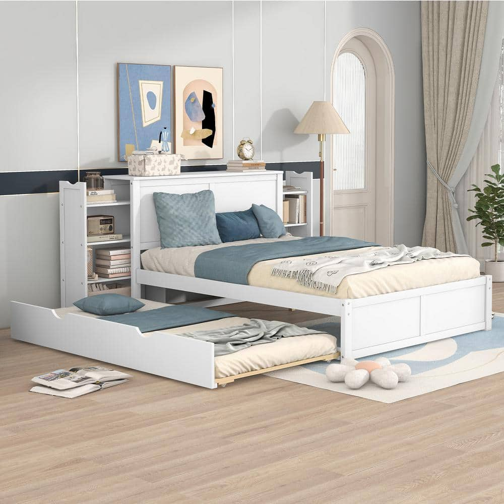 Harper & Bright Designs White Wood Frame Full Size Platform Bed With ... within Bed With Slide Out Bed
