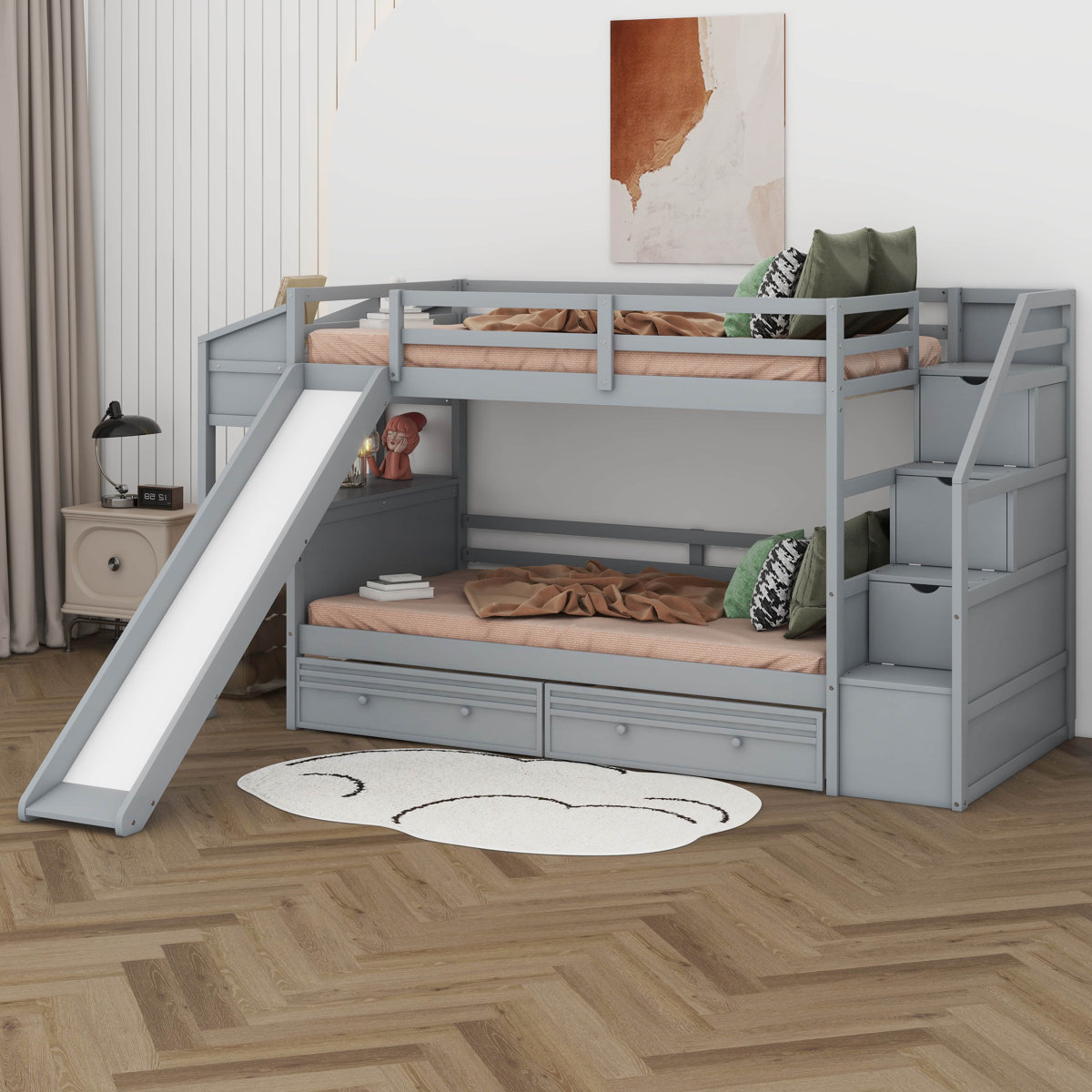 Harriet Bee Twin Over Twin Bunk Bed With Stairs, Slide, Desk, Solid ... intended for How to Safely Install Bunk Bed Slides and Stairs in Your Home