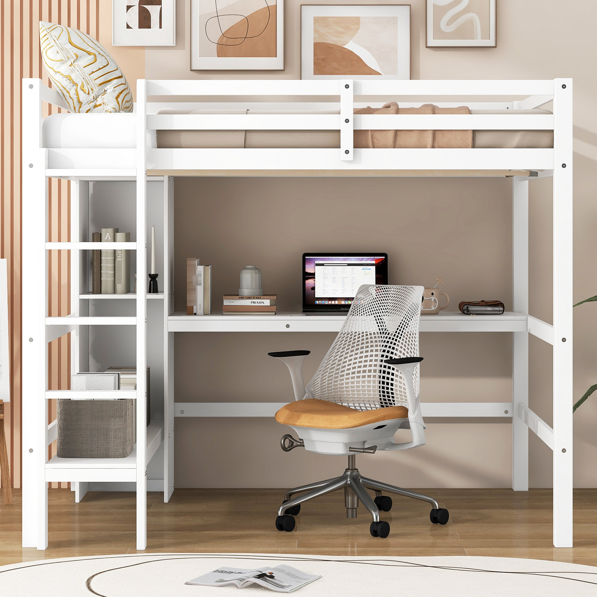 Harriet Bee White Full Loft Bed Featuring Multifunction Shelves And ... for White Full Loft Bed With Desk