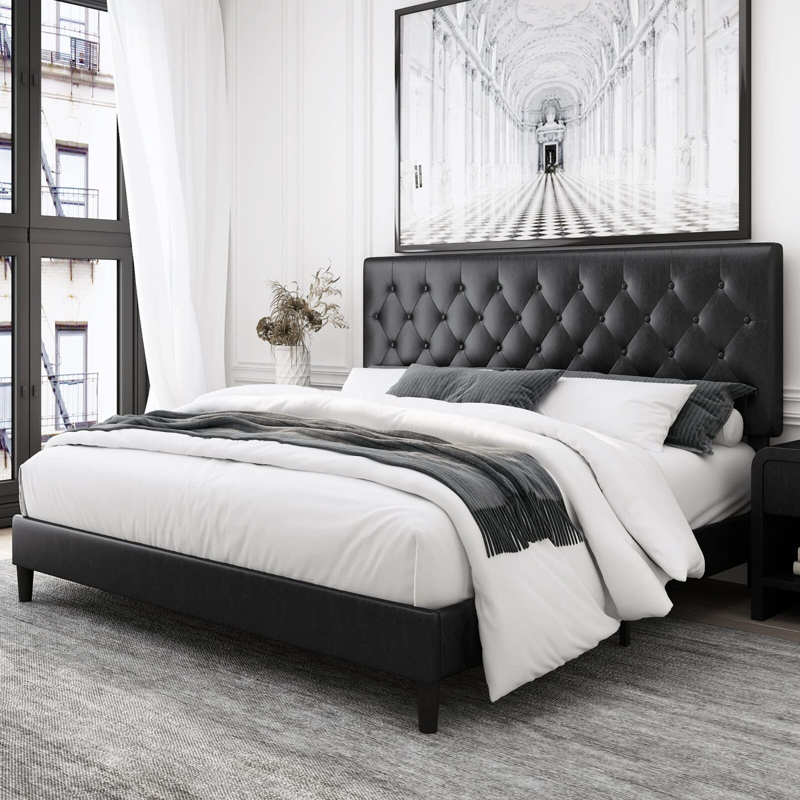 Homfa Queen Bed Frame, Black Faux Leather Upholstered Button Tufted Low ... within Black Bed Frame Queen With Headboard