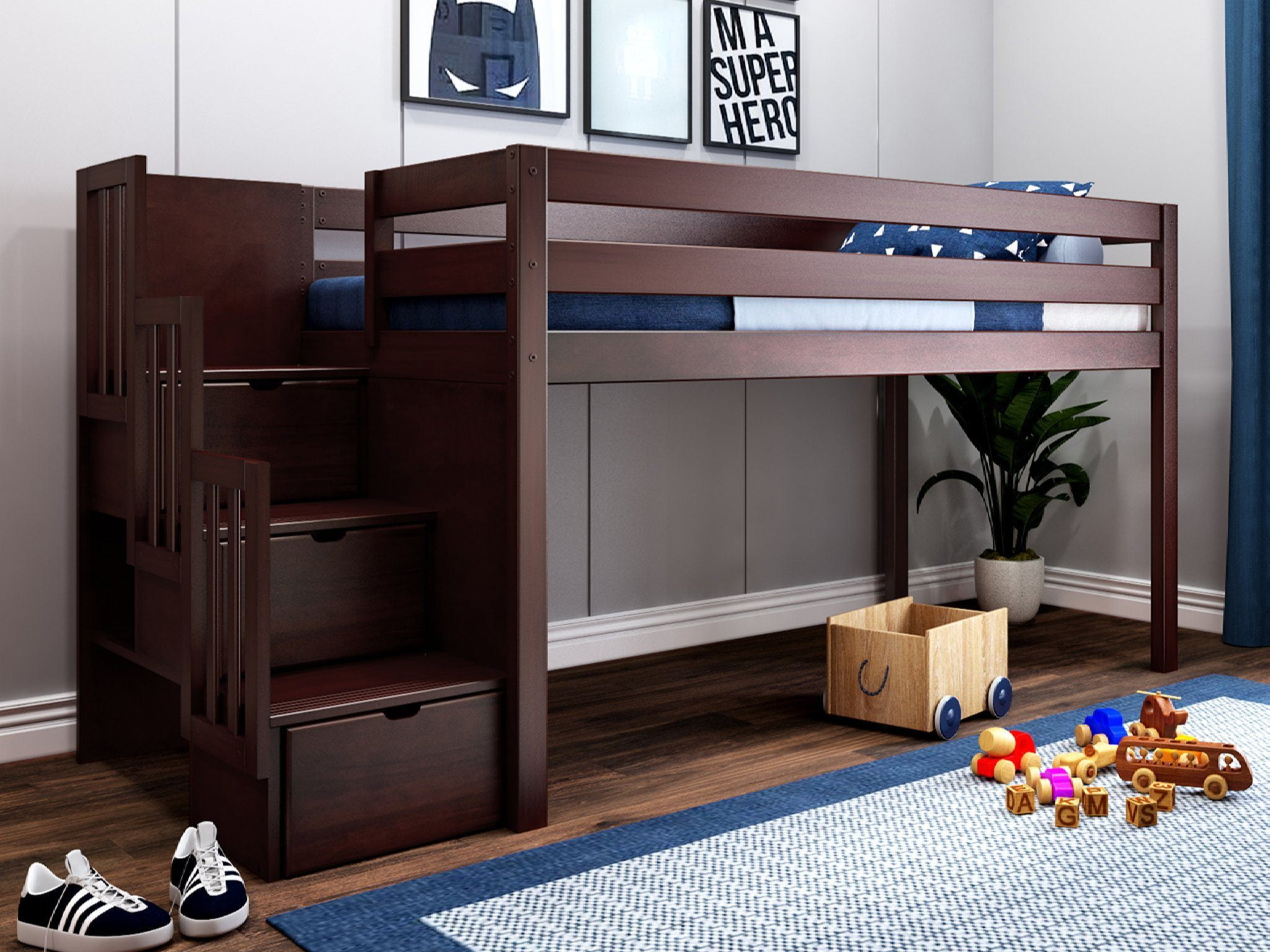 Jackpot Contemporary Twin Low Loft Bed With Stairway, Cherry - Walmart.com within How to Choose the Perfect Low Loft Twin Bed with Hidden Storage
