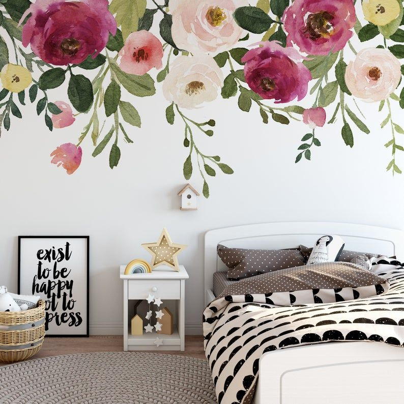 Jessica's Farmhouse Floral Wall Decal Peonies Roses Wall Mural ... throughout Understanding the psychology behind flower wall decals in bedroom design