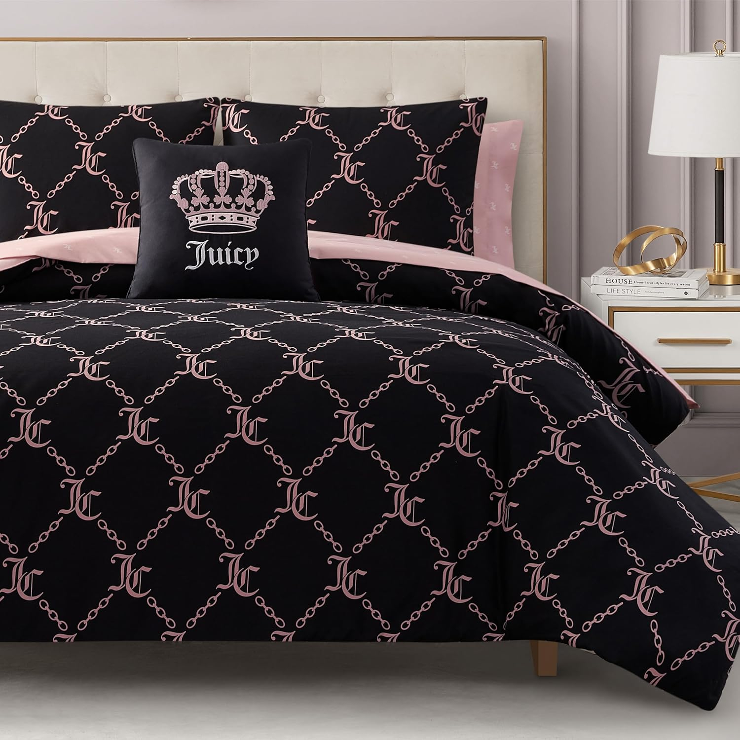 Juicy Couture Black Link Logo Printed Comforter Set, Queen – Complete 8 ... pertaining to 8 Piece Queen Bed Set