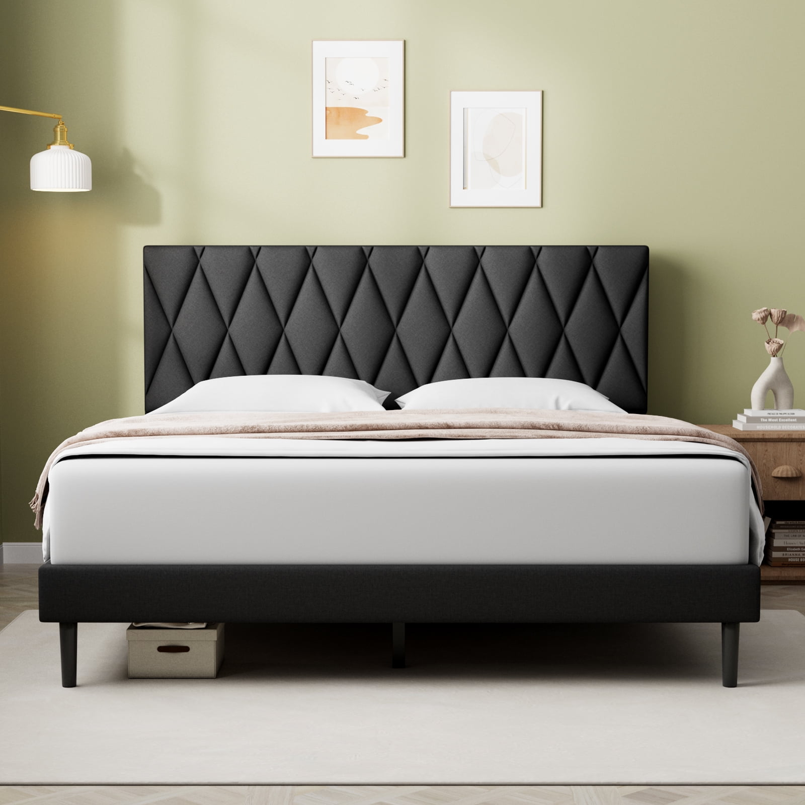 King Bed Frame, King Size Platform Bed With Fabric Upholstered ... inside Black King Bed Frame With Headboard