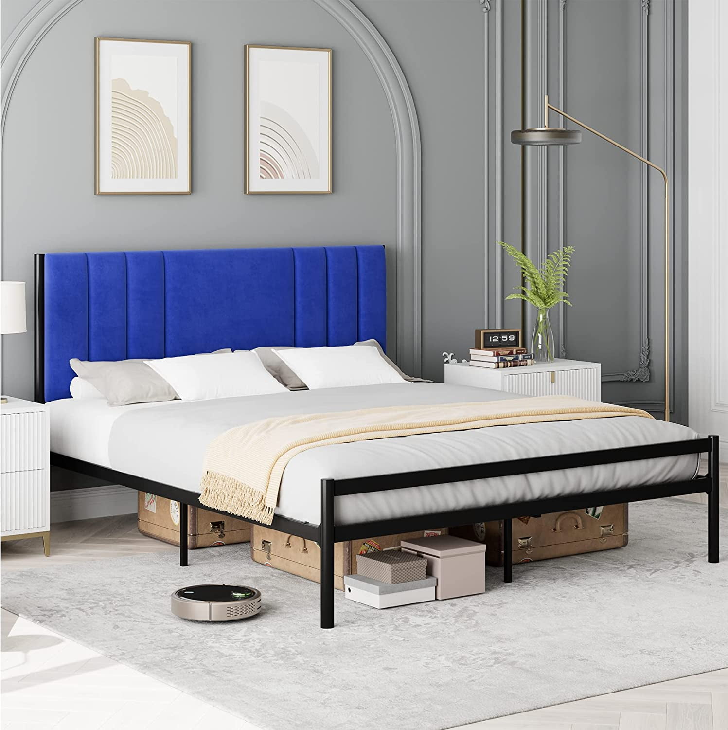 King Bed Frame, Platform Bed Frame With Velvet Headboard, Heavy Duty ... within How to choose the right heavy duty metal bed frame king for long-term comfort and support