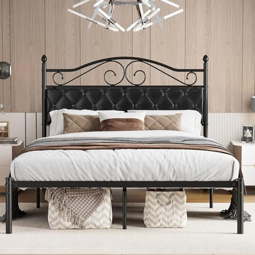 King Bed Frame With Upholstered Headboard Metal Platform Bed With 11 ... inside Everything You Need to Know About Black King Bed Frames with Headboards