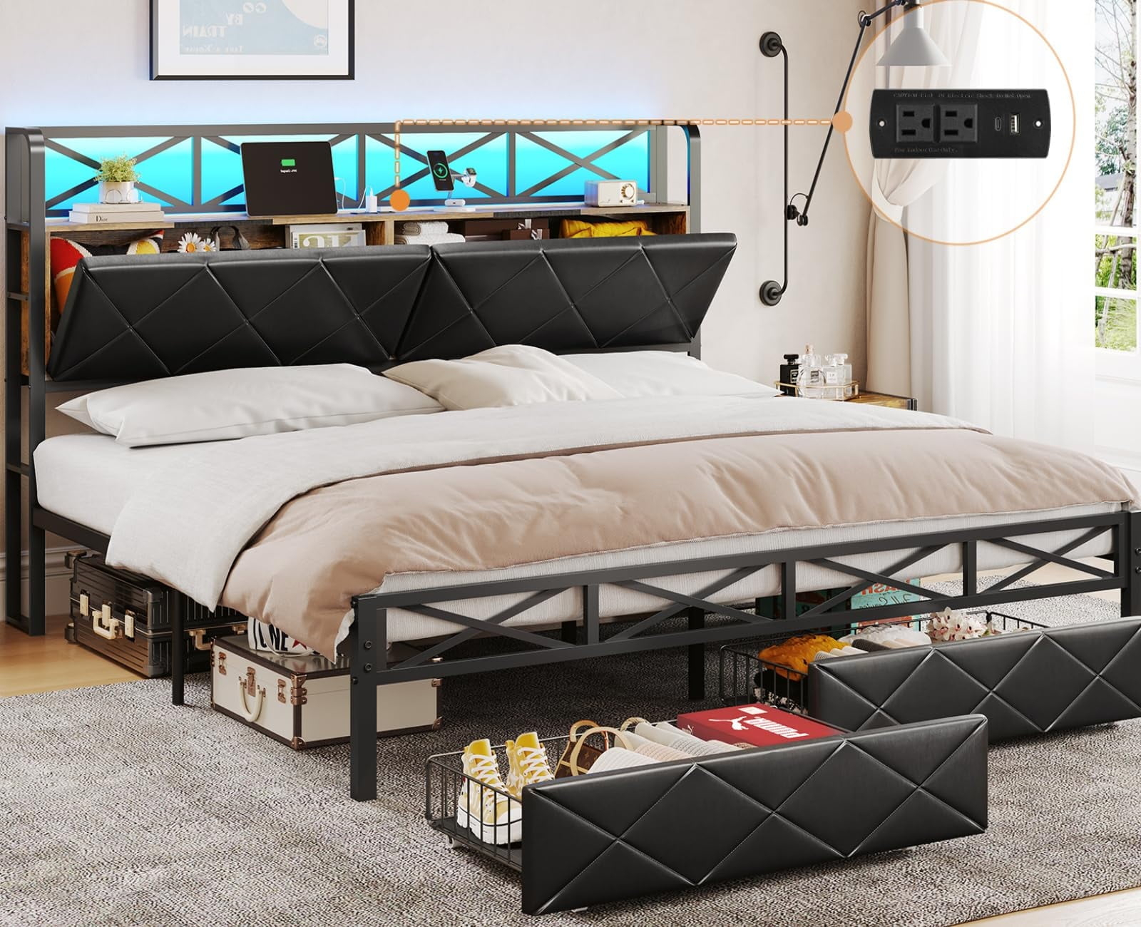 King Metal Bed Frame With Headboard&Charging Station&Led Lights, Faux ... pertaining to How metal bed frames with headboards affect sleep quality and spinal alignment