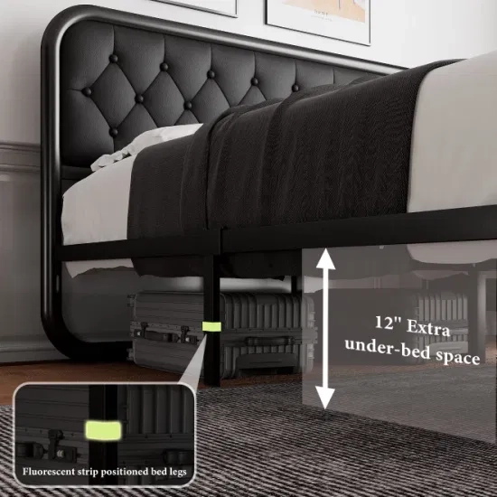 King Size Metal Bed Frame With Leather Headboard, Heavy-Duty Platform ... throughout Bed Frame With Leather Headboard