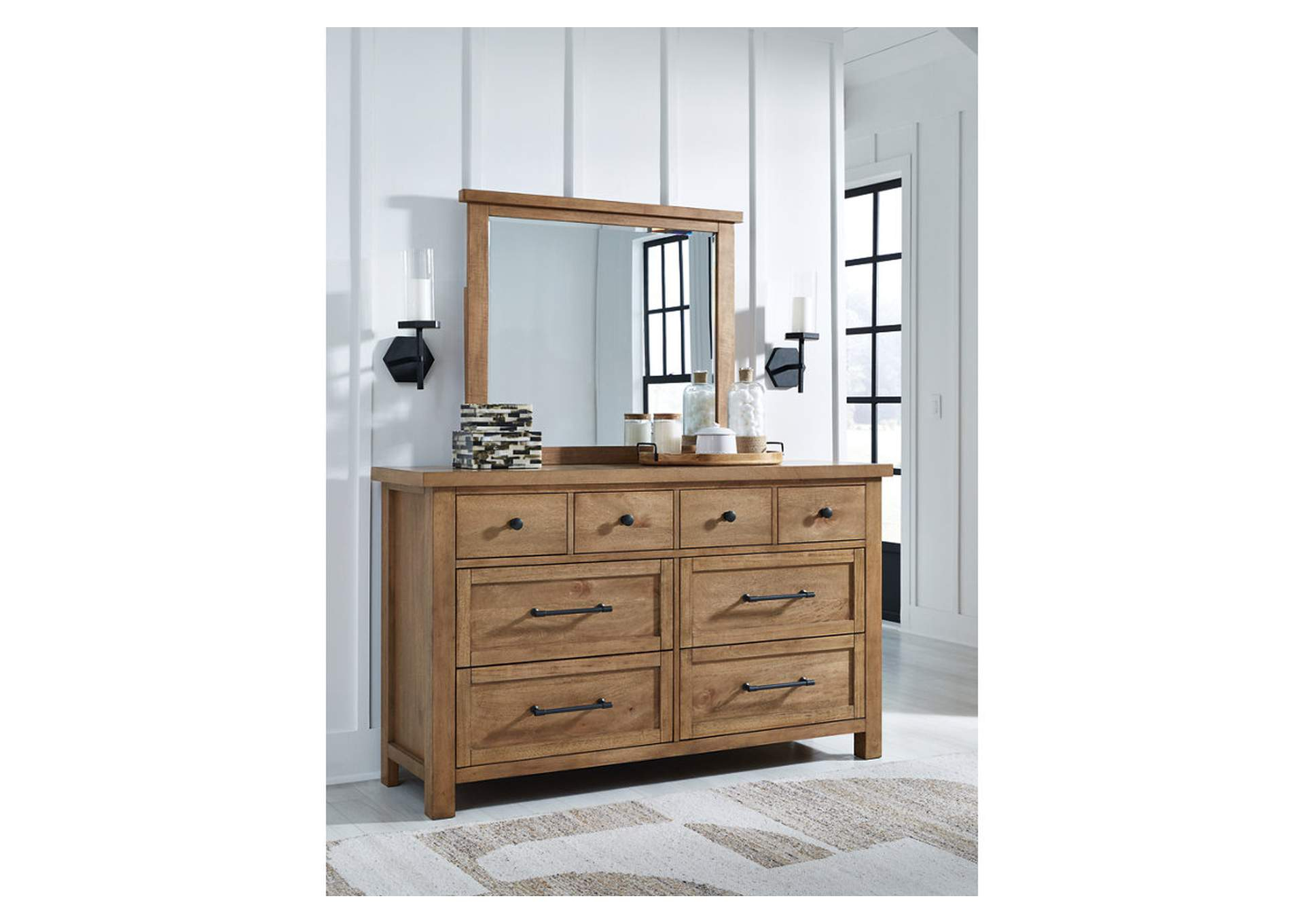 Kristiland King Upholstered Storage Bed With Mirrored Dresser in Kristiland King Upholstered Storage Bed