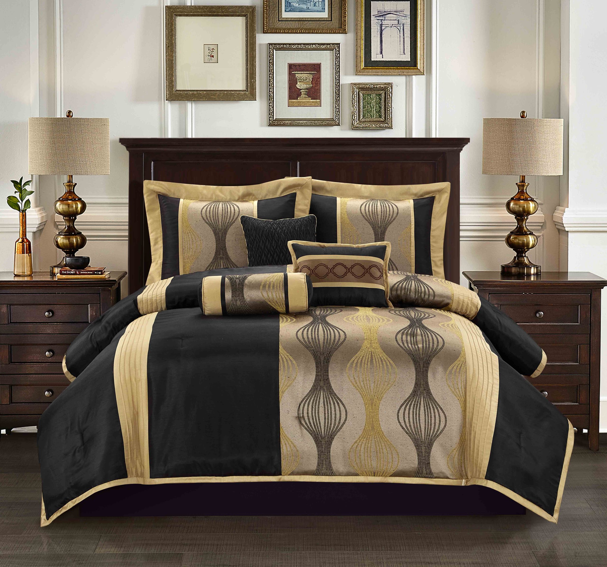 Lanco Moderna 7-Piece Bedding Comforter Set, Black Gold, Bed Size Queen ... inside Full Size Black Bed Set