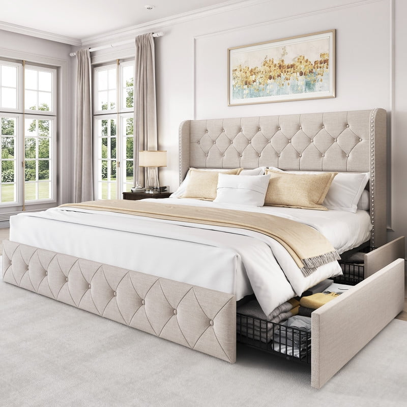 Larmace King Size Bed Frame With 4 Storage Drawers And Tufted Headboard ... with Everything You Need to Know About Platform King Storage Bed Design