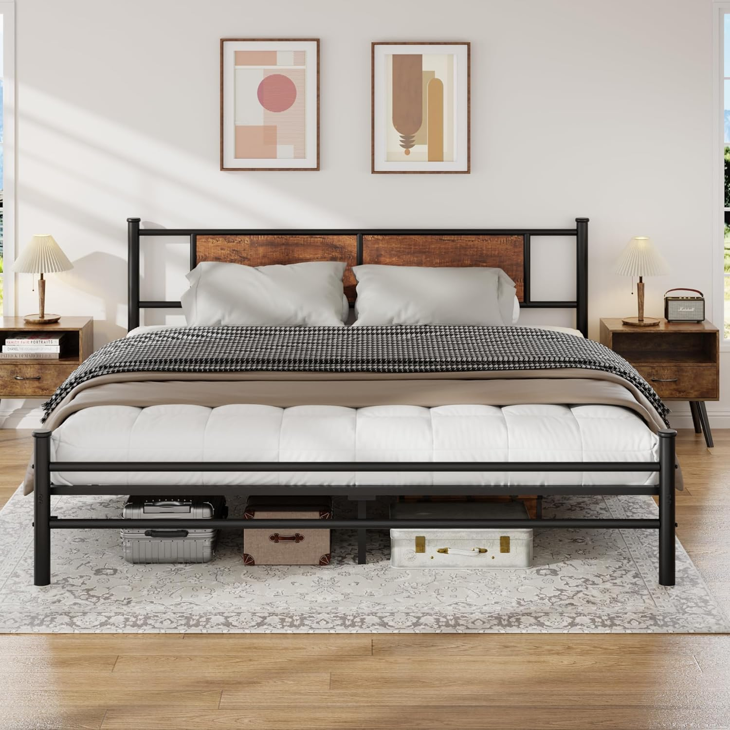 Lubedcy King Size Bed Frame With Rustic Wood Headboard, Metal Heavy ... pertaining to How metal bed frames with headboards affect sleep quality and spinal alignment