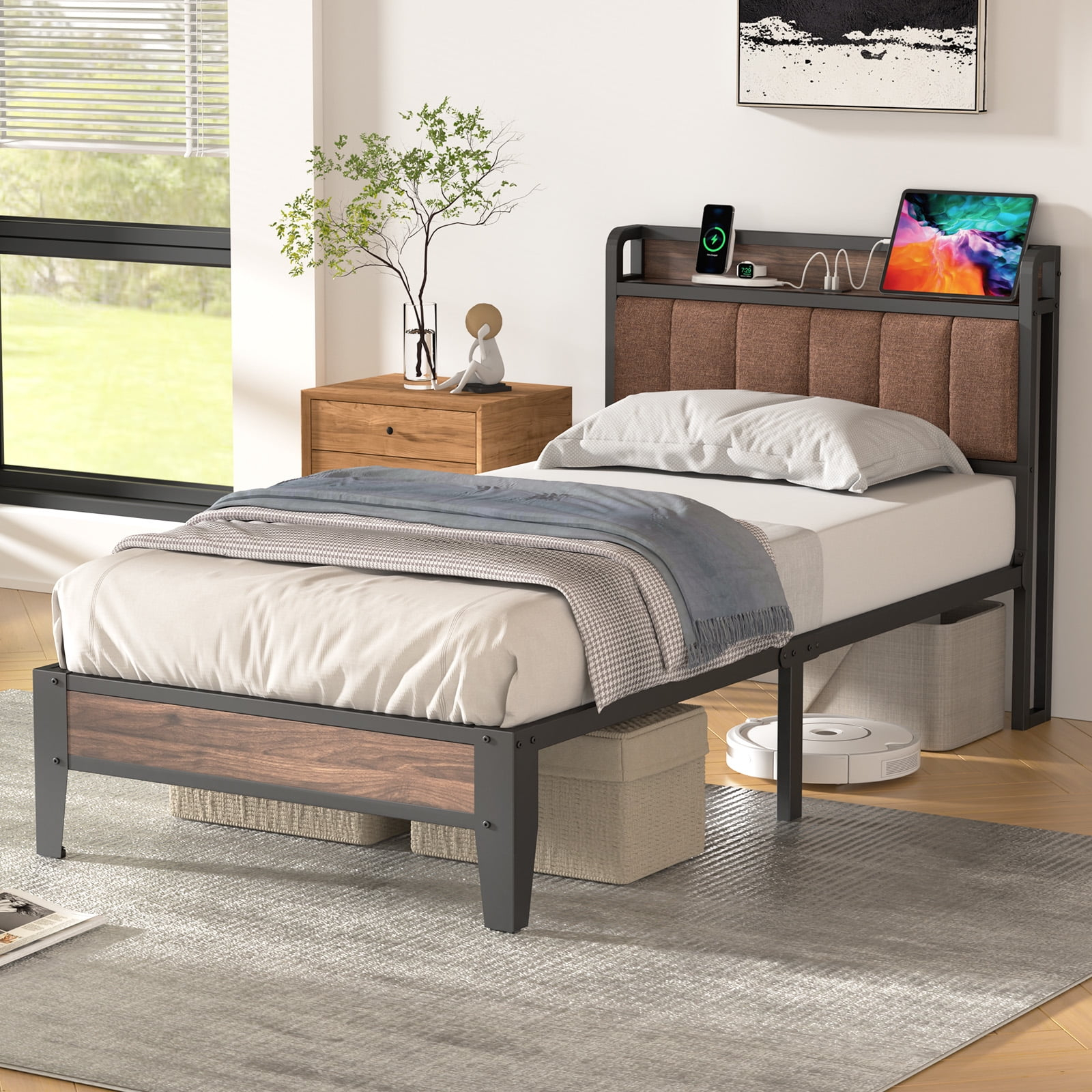 Lusimo Twin Xl Bed Frame With Headboard And Charging Station, Modern ... pertaining to Twin Xl Bed Frame With Storage And Headboard