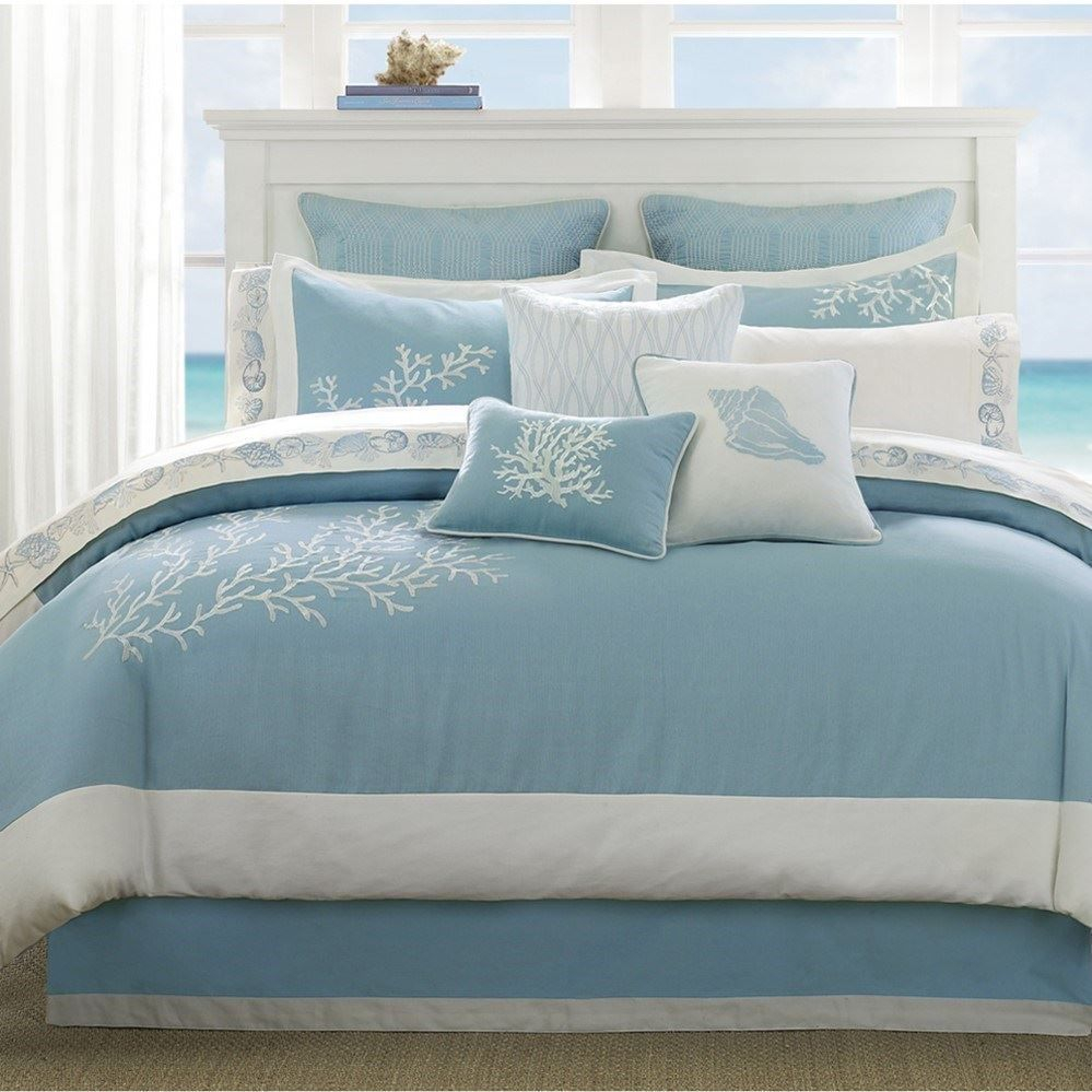 Luxury 4Pc Blue Seaside Coral Motif Cotton Comforter And Decorative ... inside Blue And White Coastal Bedding