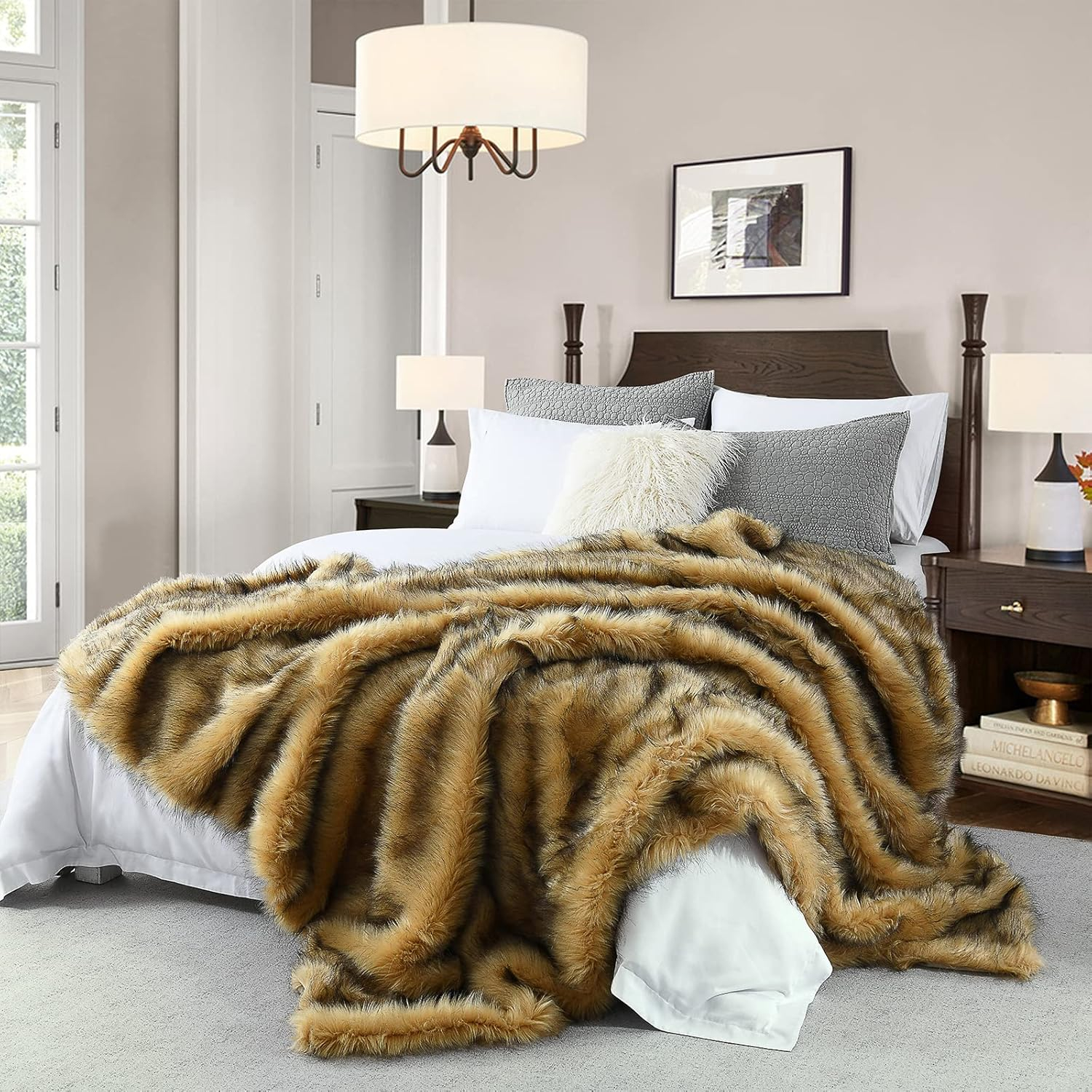 Luxury Plush Faux Fur Blanket King Size, Long Pile Golden Yellow With ... regarding King Size Bed Throw Blanket