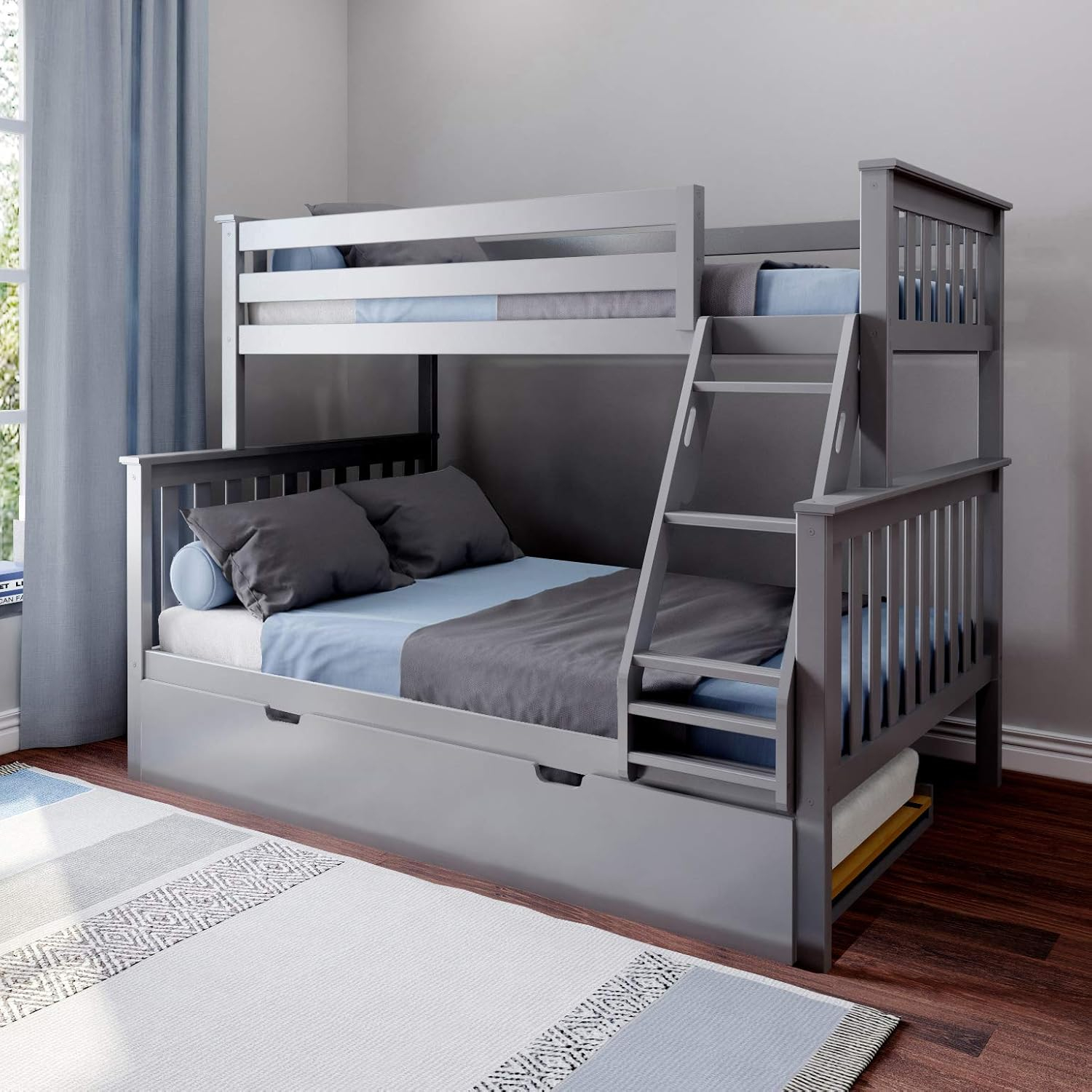 Max & Lily Solid Wood Twin Over Full Bunk Bed With Trundle Bed, Grey ... with How to Choose the Right Twin Over Full Trundle Bed for Your Bedroom Layout