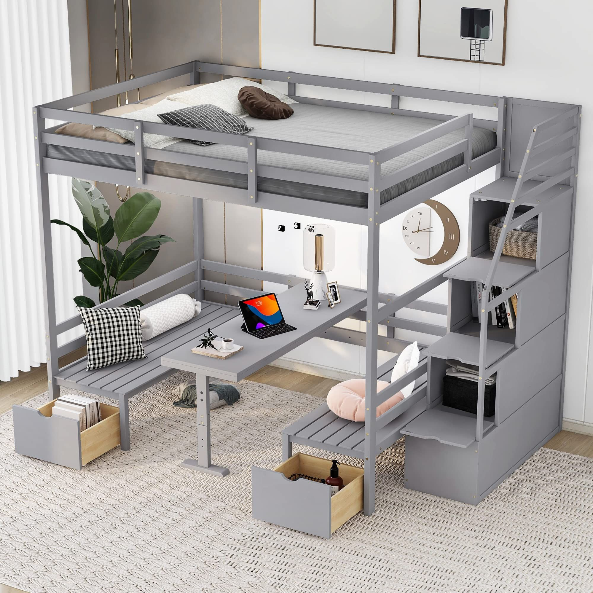 Meritline Full Loft Bed With Desk, Full Over Full Bunk Beds With Stairs ... pertaining to Bunk Bed Loft With Desk