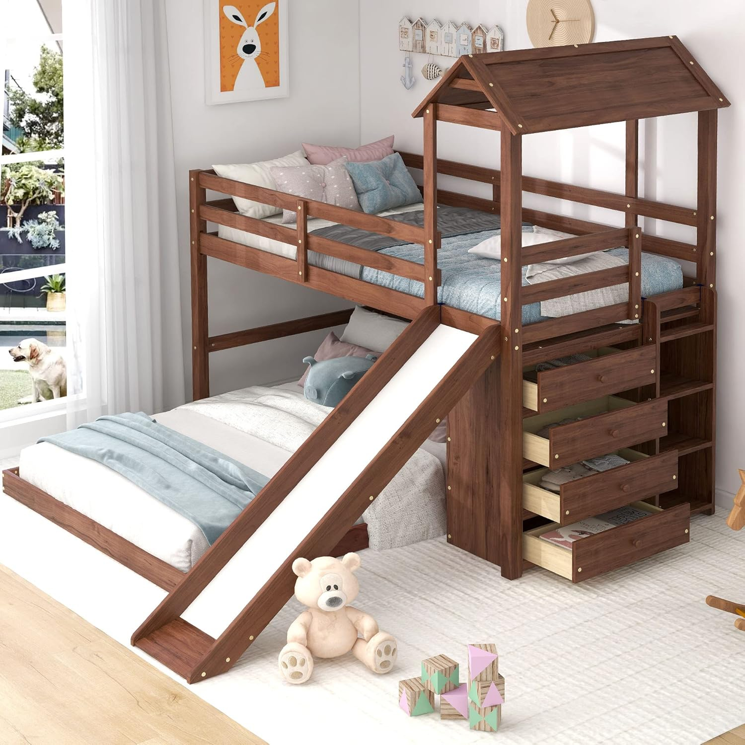 Meritline Twin Over Full Bunk Beds With Slide, House India | Ubuy in Twin Over Full Bunk Bed With Slide