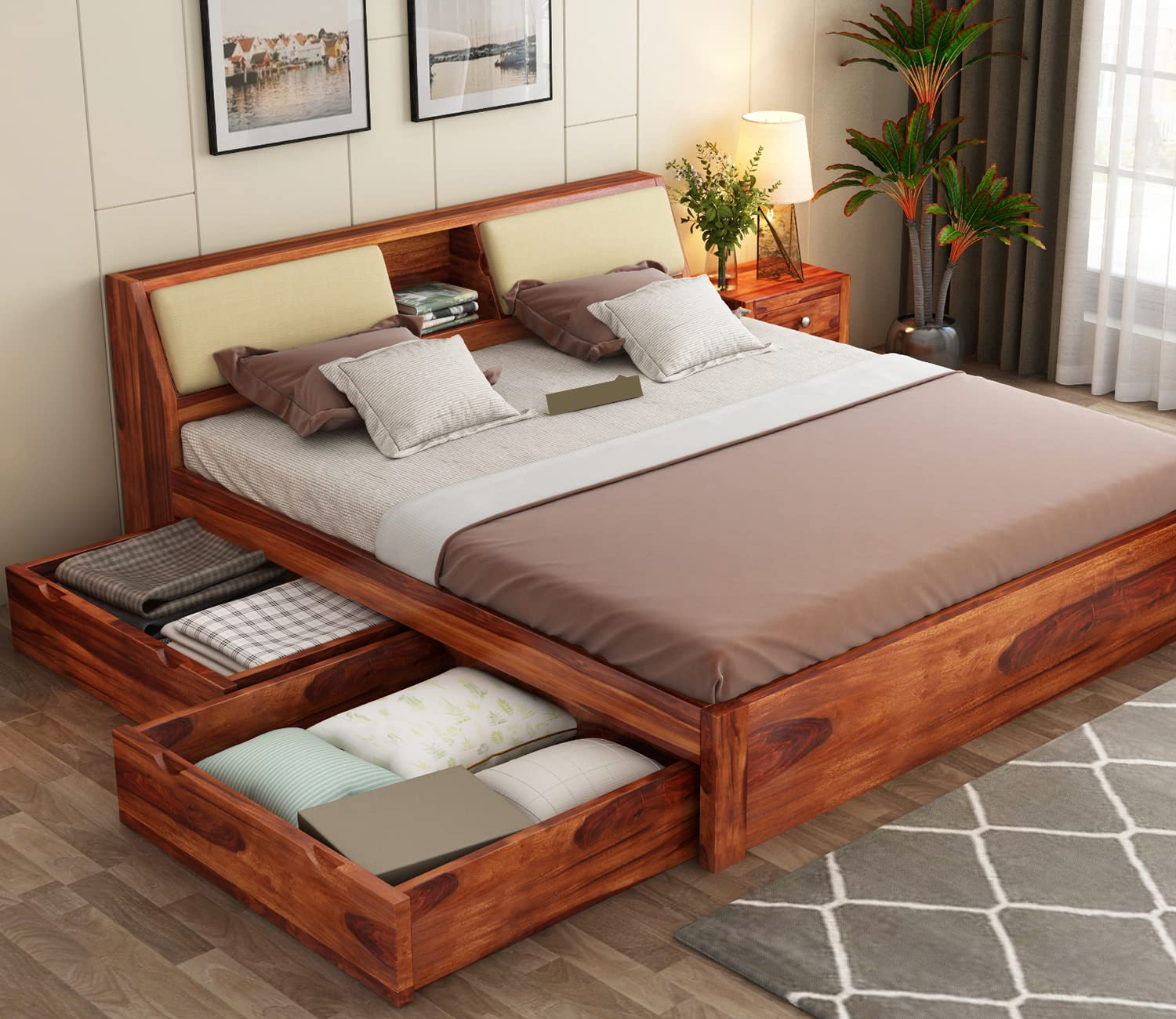 Mj Furniture Sheesham Wood Queen Size Bed With Drawer Storage Solid ... throughout Wood Bed Frame Queen With Drawers