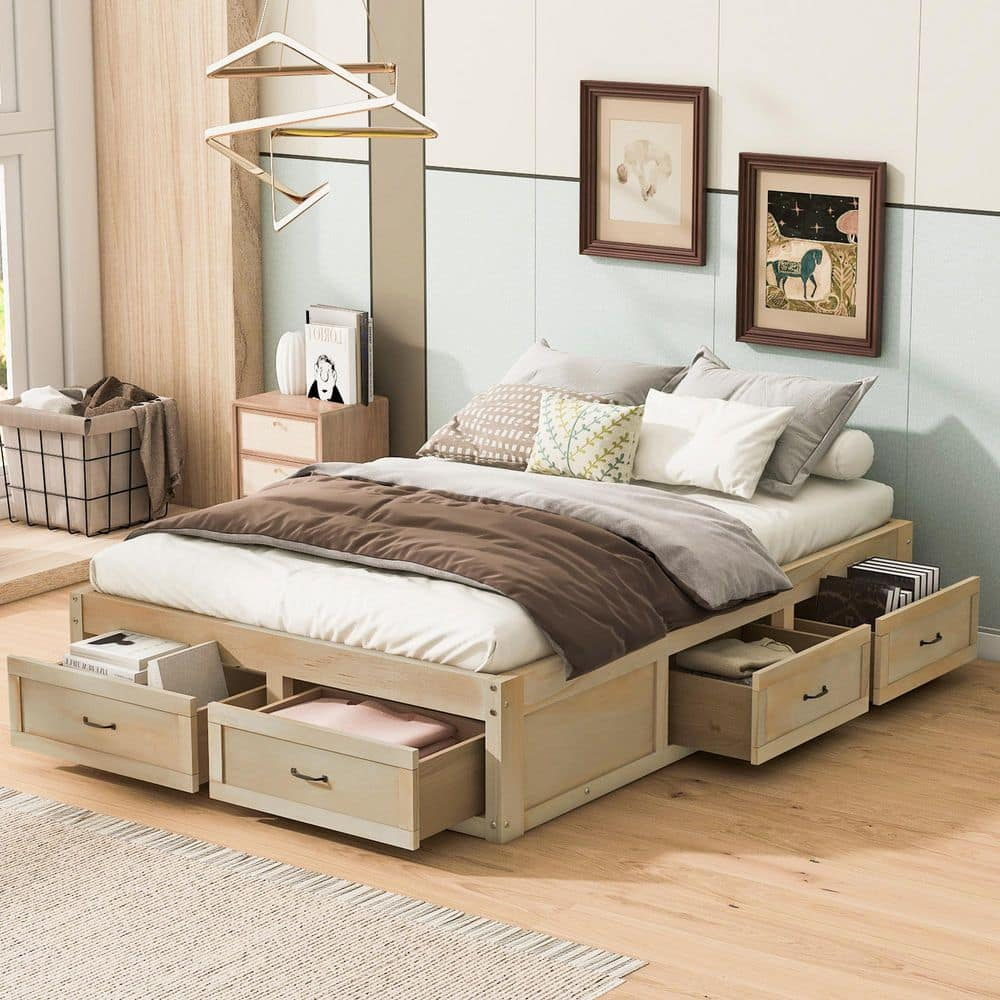 Nestfair Antique Natural Brown Wood Frame Full Size Platform Bed With 6 ... throughout Full Size Wooden Bed Frame With Storage