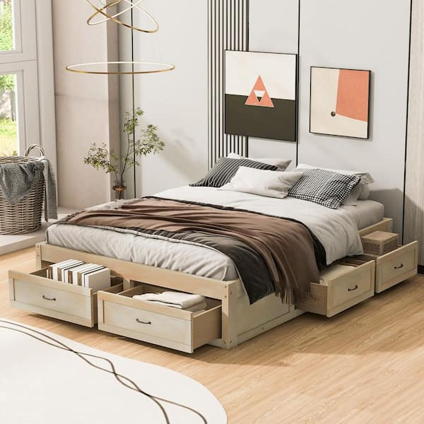 Nestfair Antique Natural Brown Wood Frame Queen Size Platform Bed With ... intended for Care and maintenance tips for wooden bed frames with drawers in daily use