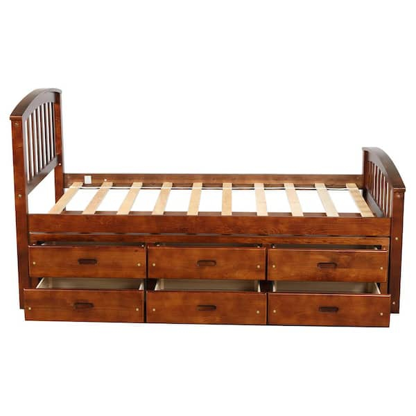 Orisfur. Walnut Brown Wood Frame Full Platform Bed Twin Size Storage ... pertaining to Solid Wood Bed With Storage