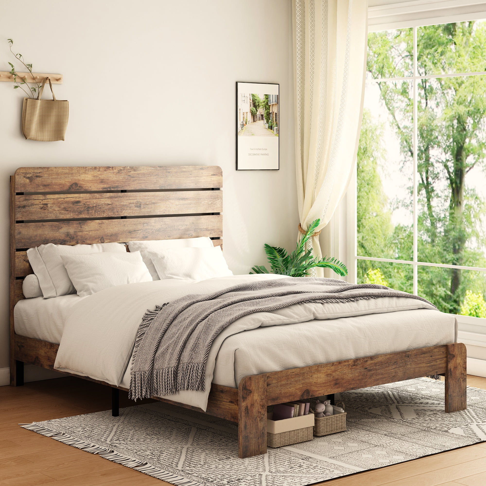 Paproos Frame Adult King Size Farmhouse Wood Standard Bed, Dark Brown ... for Maximizing Bedroom Space with Custom Wood Frame Bed Designs