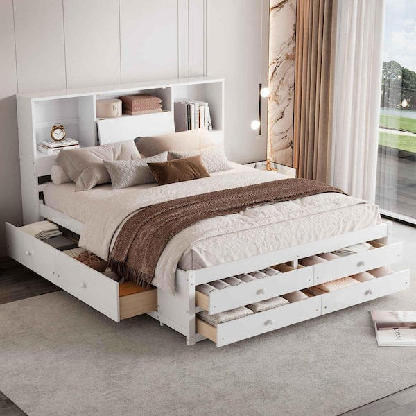 Polibi White Wood Frame Queen Size Platform Bed With Storage Headboard ... within Queen Size Platform Bed With Drawers