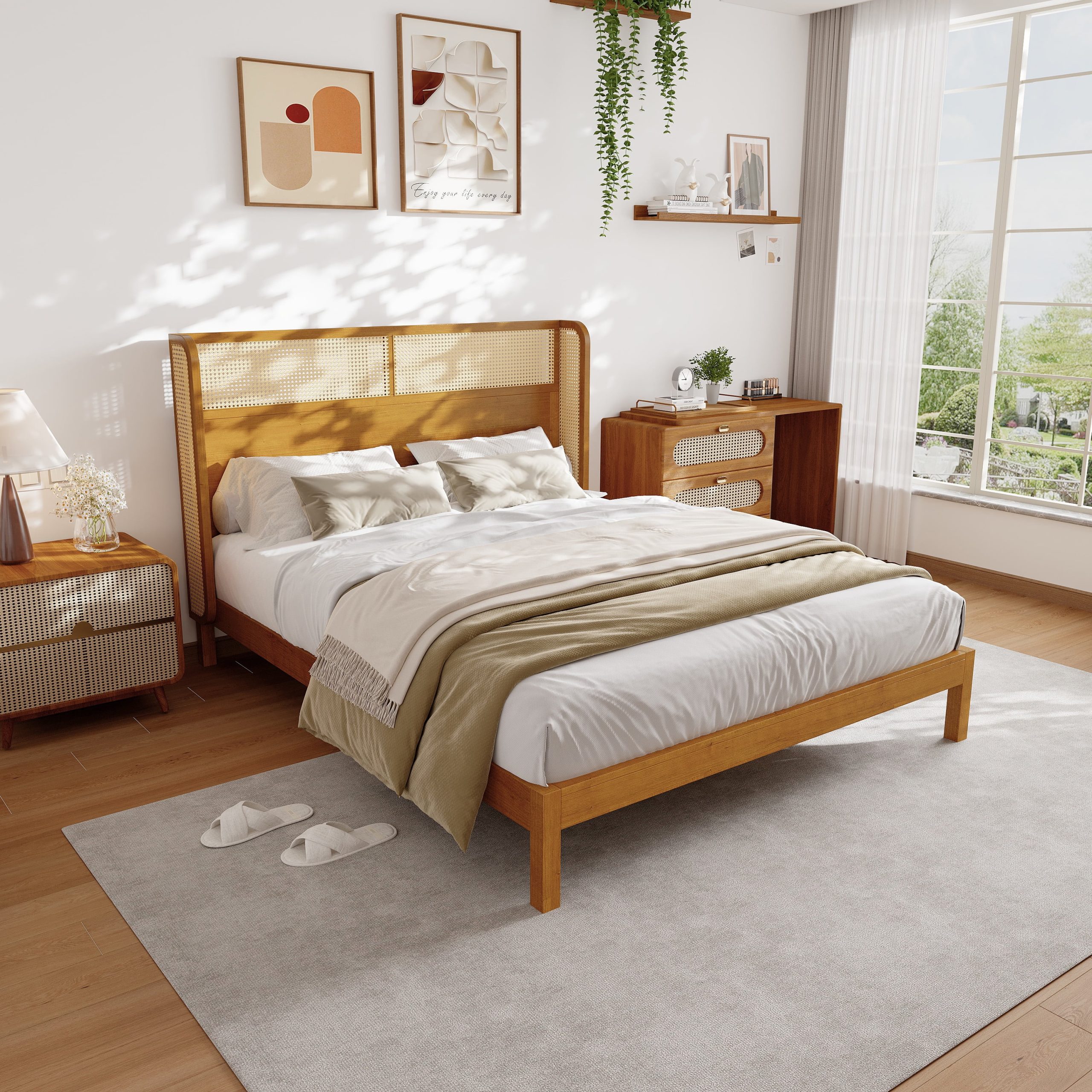 Premium Rubber Wood Platform Bed Frame, Queen Bed Frame With Headboard ... with Mid Century Modern Bed Frame Queen