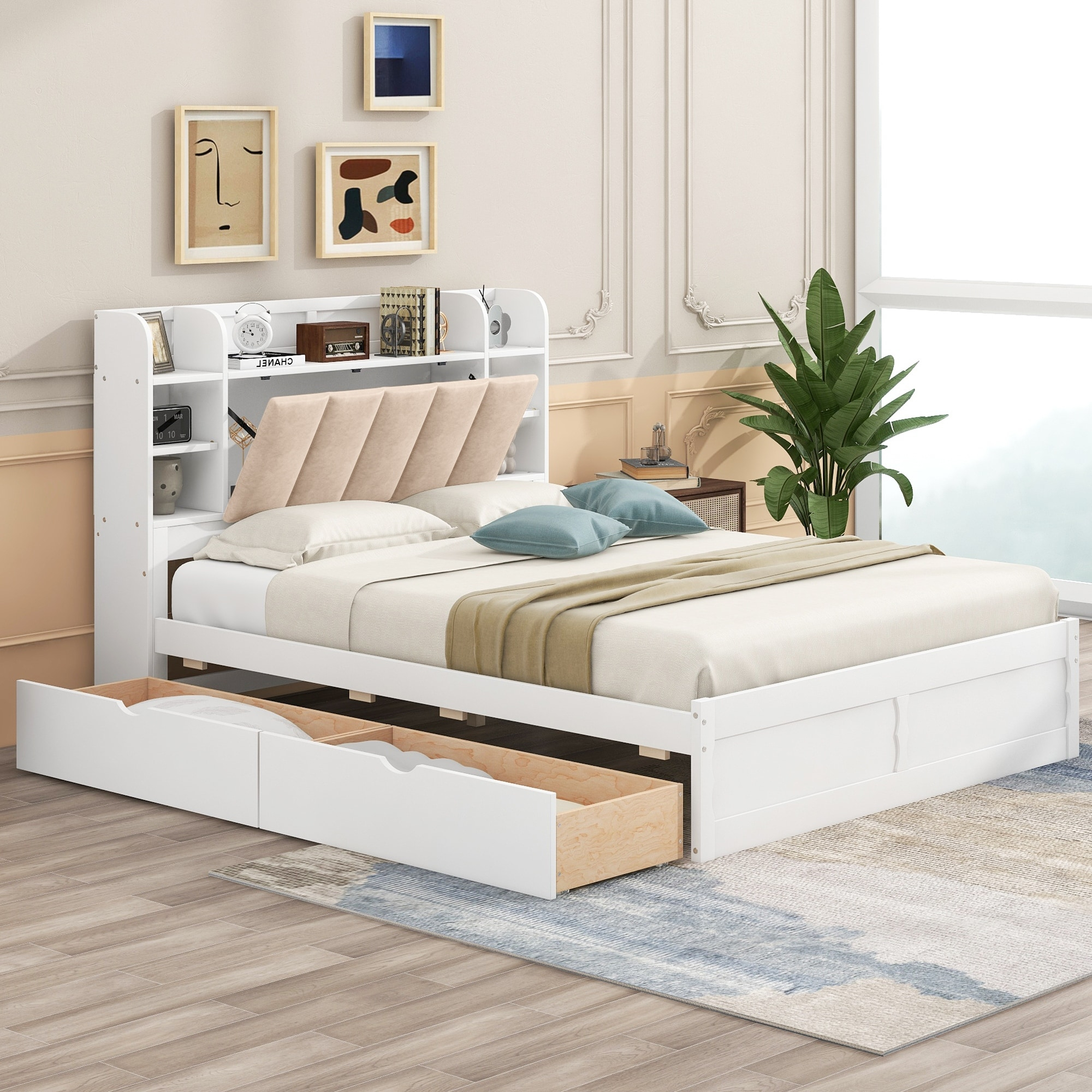 Queen Size Wood Platform Bed Frame With Upholstery Headboard & Storage ... within Maximizing Small Spaces with Platform Bed Frames Featuring Storage Compartments