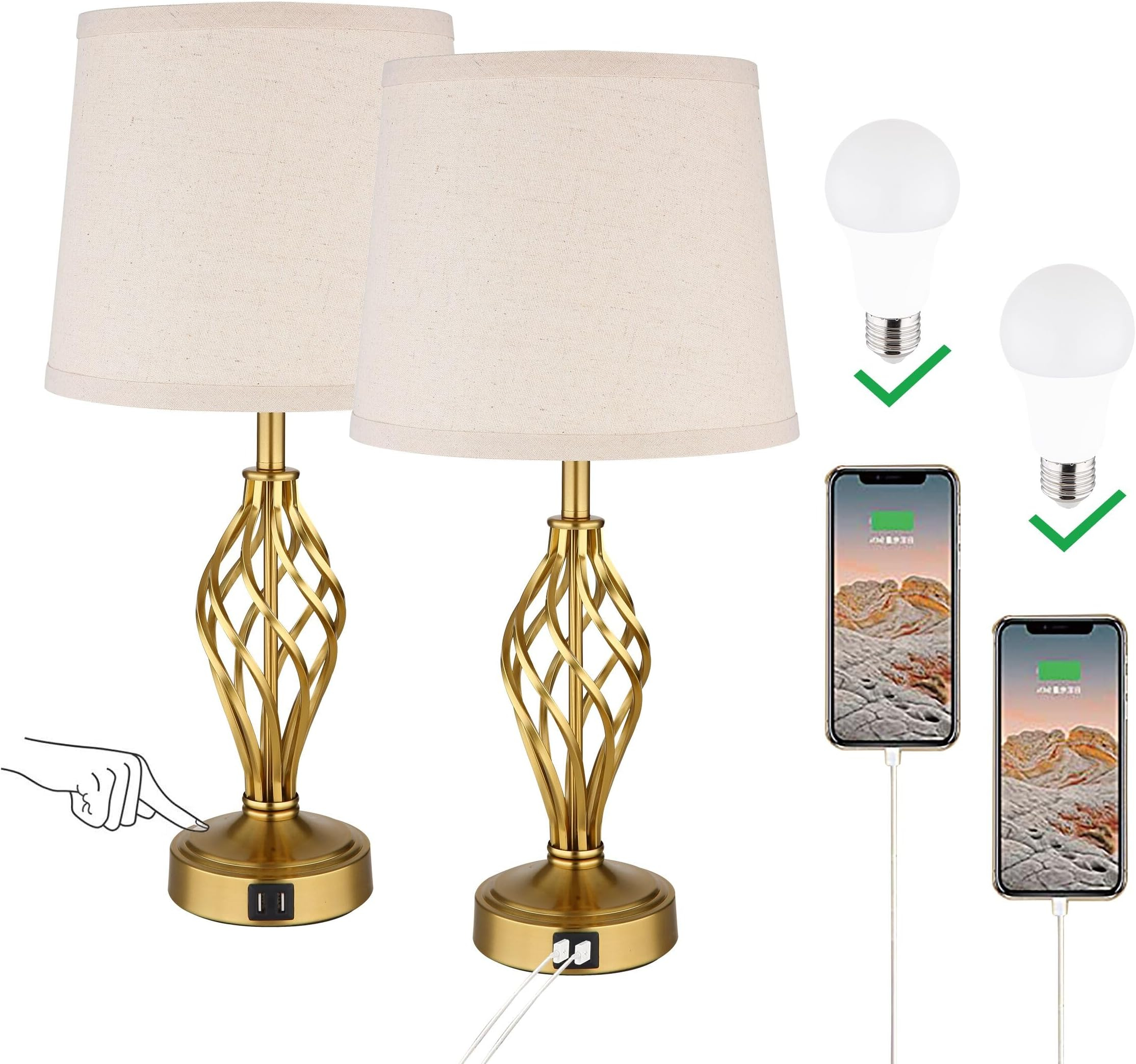 Ruiever Touch Table Lamps Set Of 2, Nightstand Lamp With Usb Ports ... intended for Bedside Table Lamp With Usb