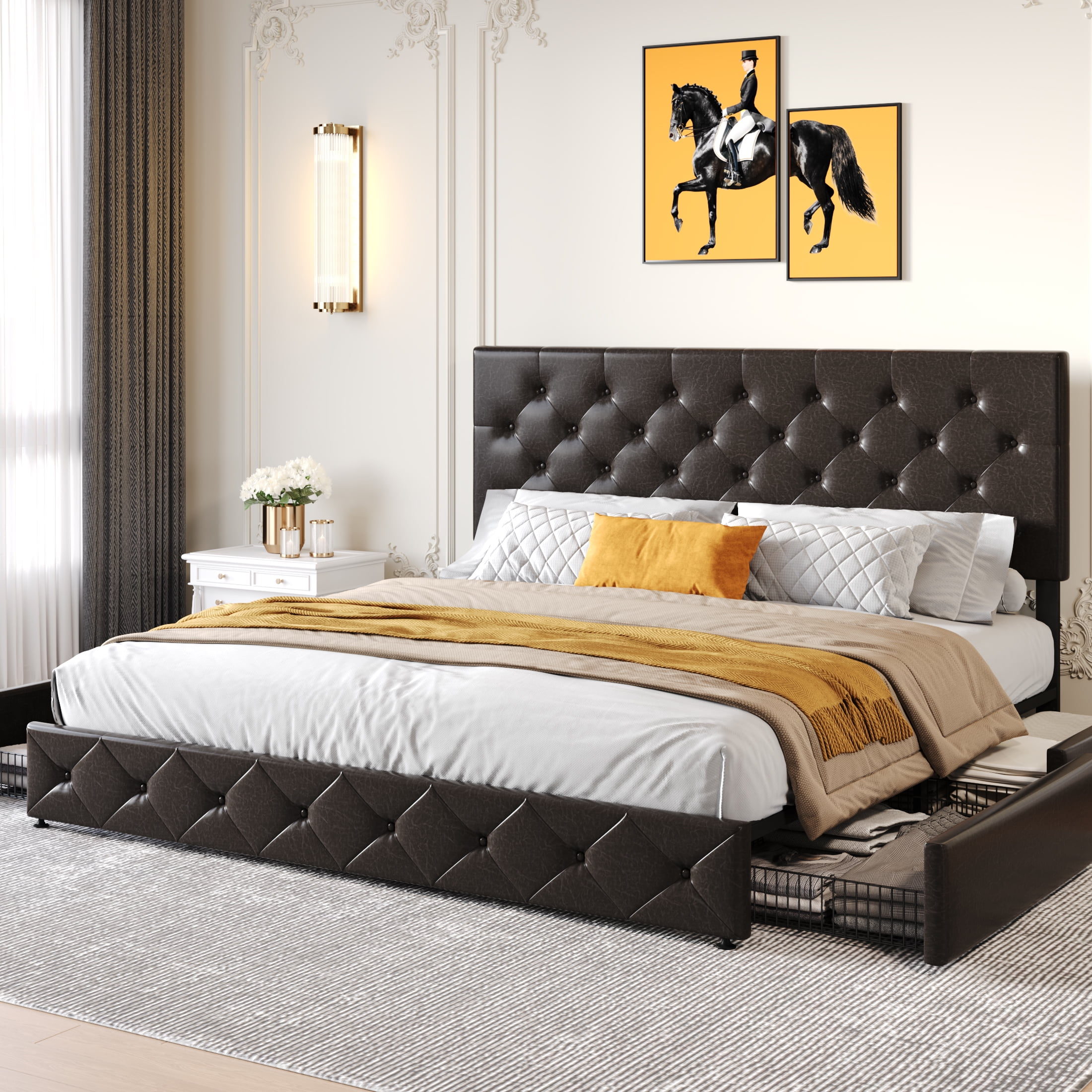 Sha Cerlin King Size Upholstered Leather Bed Frame With Storage Drawers ... in King Size Leather Bed Frame