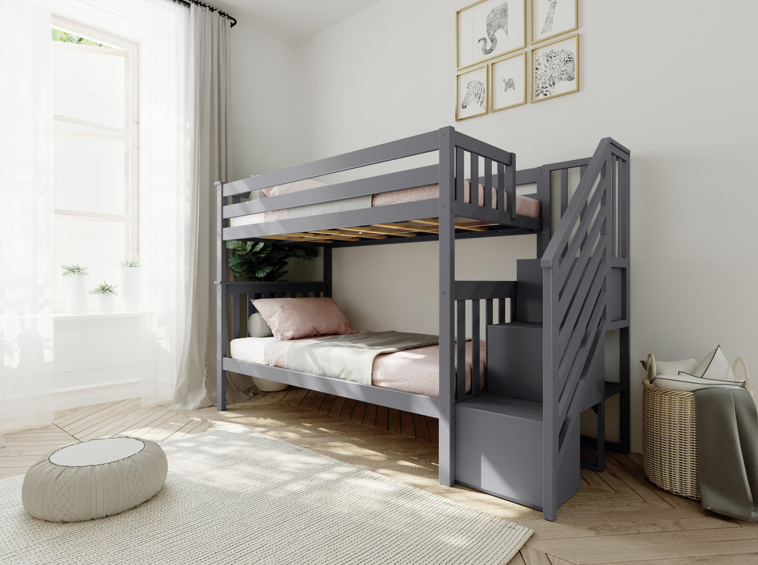 Solid Wood Twin Over Twin Bunk Bed With Stairs In Grey intended for Designing Secure and Comfortable Sleeping Spaces with Solid Wood Bunk Beds