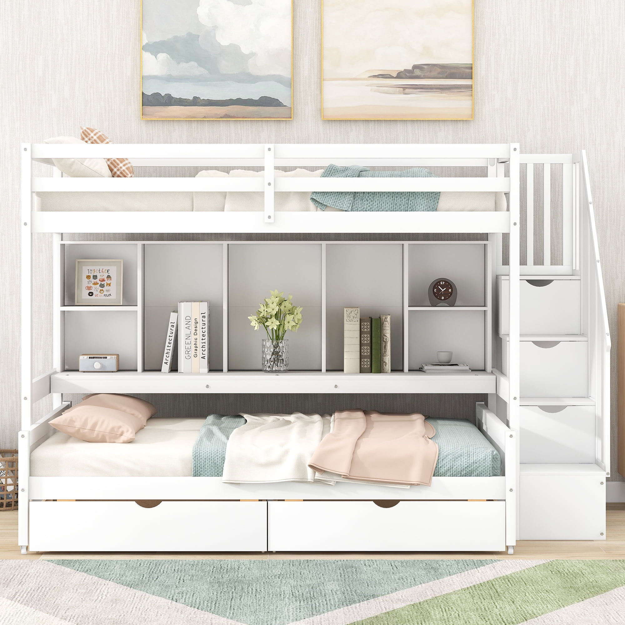 Solid Wood Twin Xl Over Full Bunk Bed With Two Drawers And Staircase ... pertaining to Everything You Need to Know About Twin Bunk Beds That Include Drawer Storage