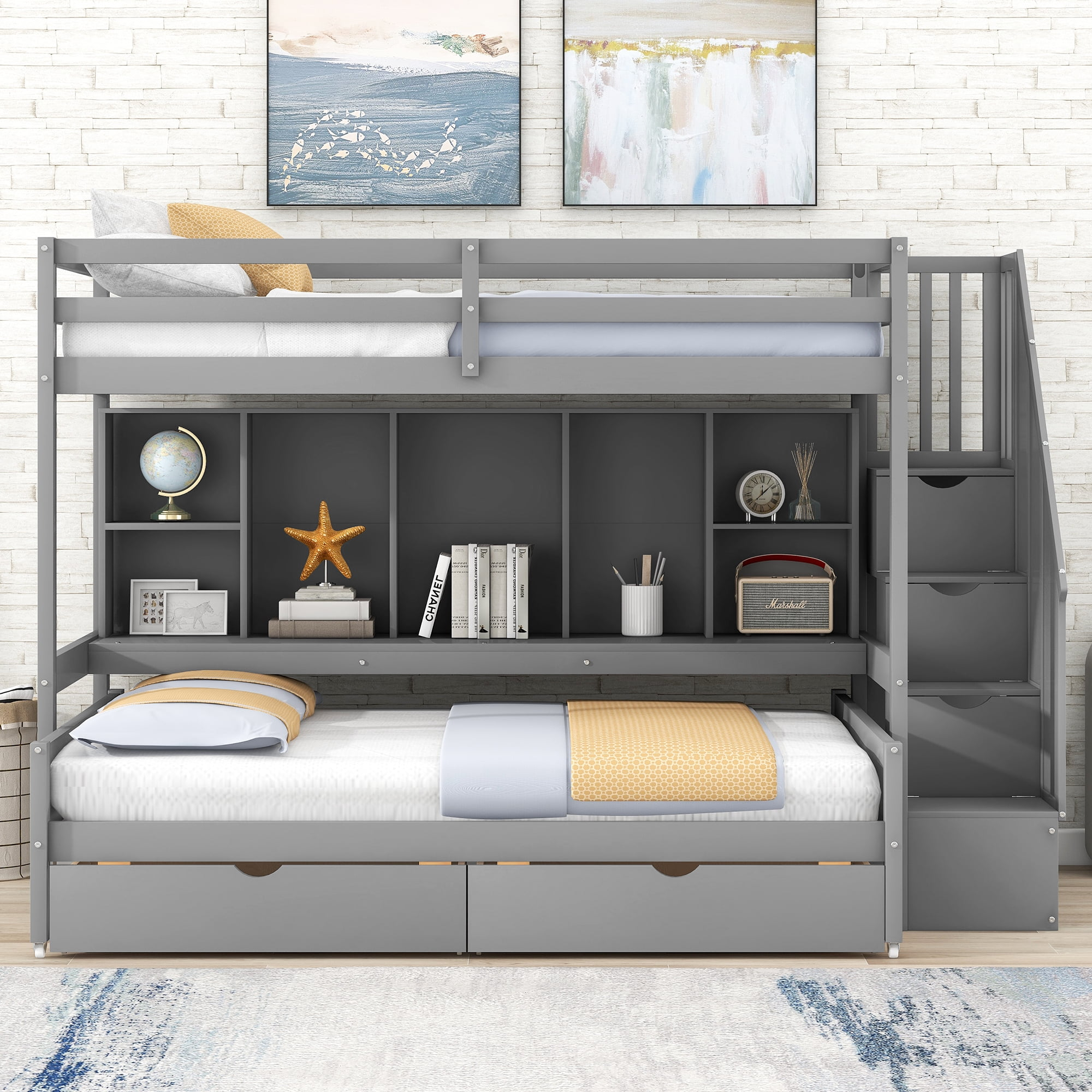 Solid Wood Twin Xl Over Full Bunk Bed With Two Drawers And Staircase ... regarding Bunk Bed with Stairs Drawers Design Tips for Small Spaces