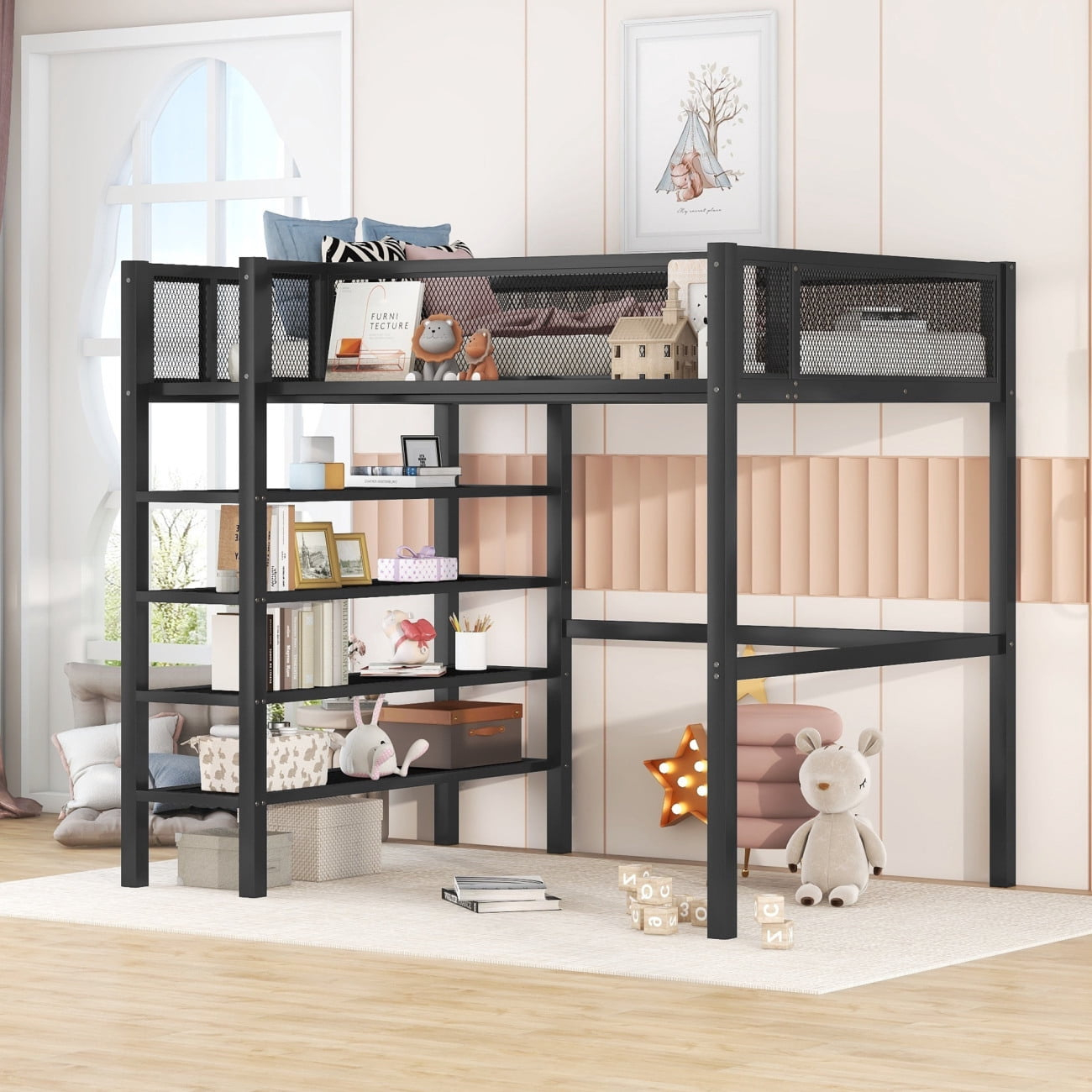 Twin Size Metal Loft Bed With 4-Tier Shelves And Storage, Heavy Duty ... pertaining to Everything you need to know about twin heavy duty loft beds for adult use