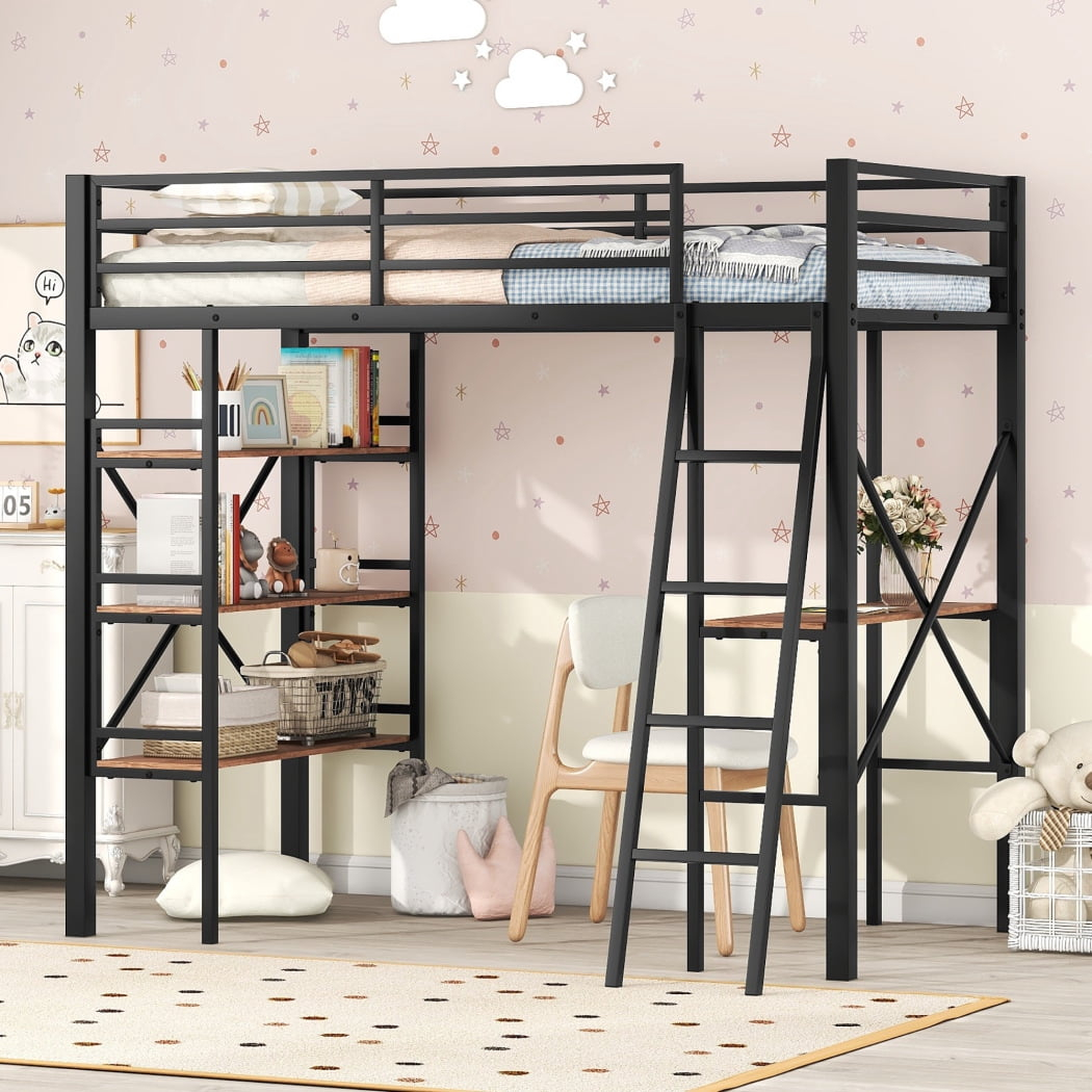 Twin Size Metal Loft Bed With Desk, Heavy Duty Loft Bed With Book Shelf ... in Everything you need to know about twin heavy duty loft beds for adult use