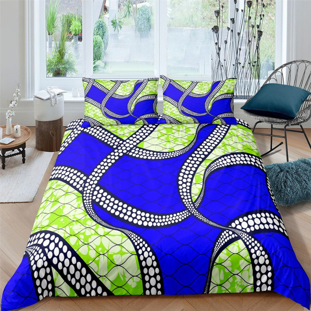 Unique African Blue And Green Bedding Set Duvet Cover Boho - Etsy for Blue And Green Bed Sets