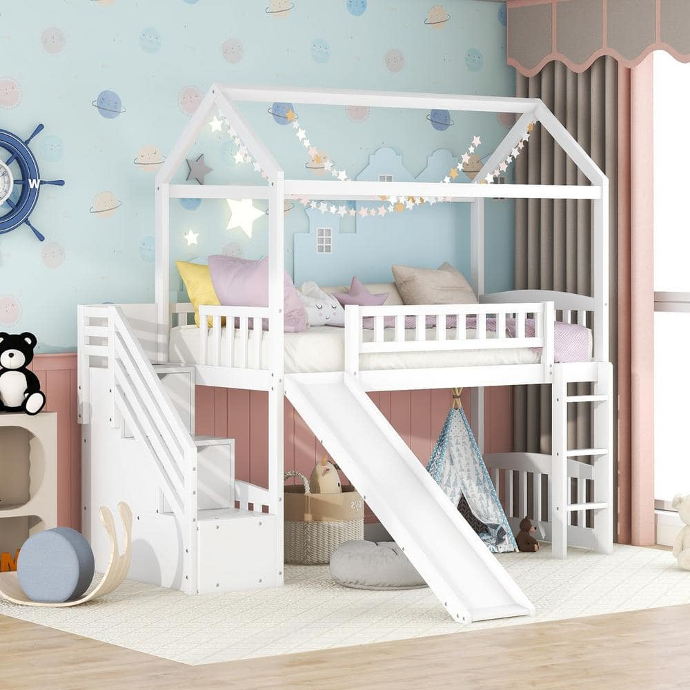 Urtr White Twin Loft Bed Frame With Slide And Storage Drawers, Wood ... intended for How to choose the perfect loft bed with stairs and slide for your space