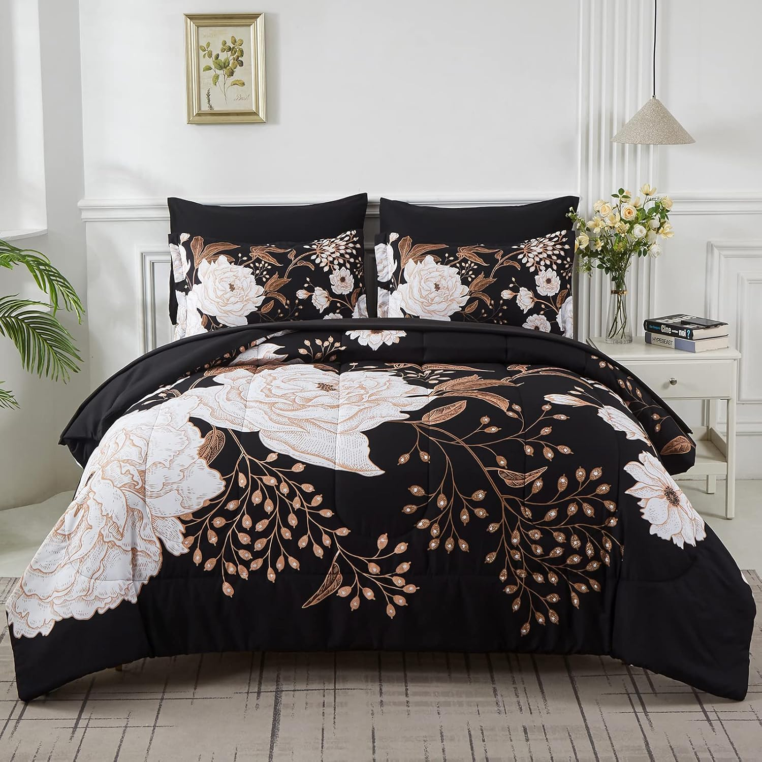 Yogeneg 7 Piece Bed In A Bag King Size Comforter Set Botanical Floral ... within Understanding the timeless appeal of white and black floral bedding