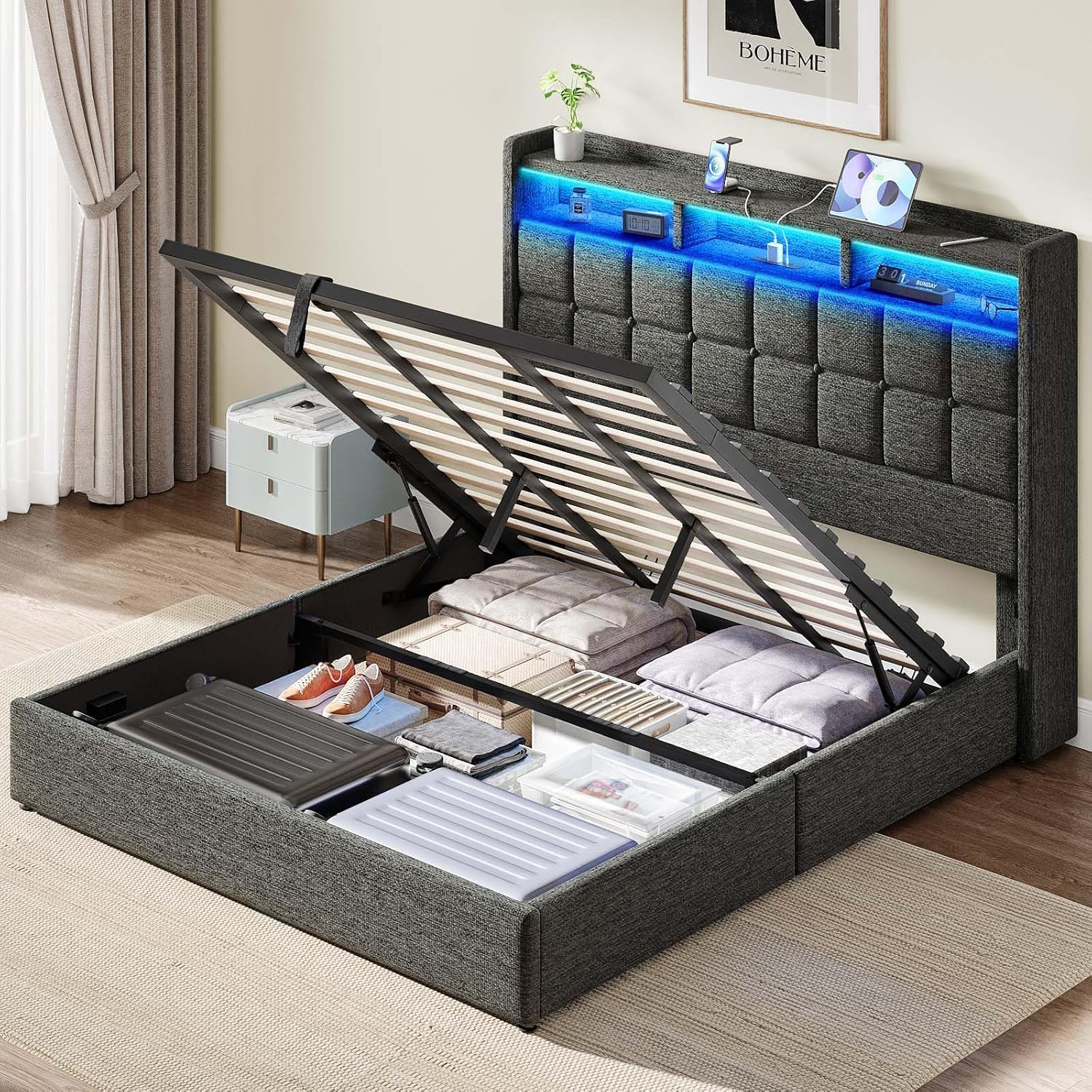 Amazon.com: Driftalia Lift Up King Size Bed Frame With Storage ... with Bed Frame With Storage King