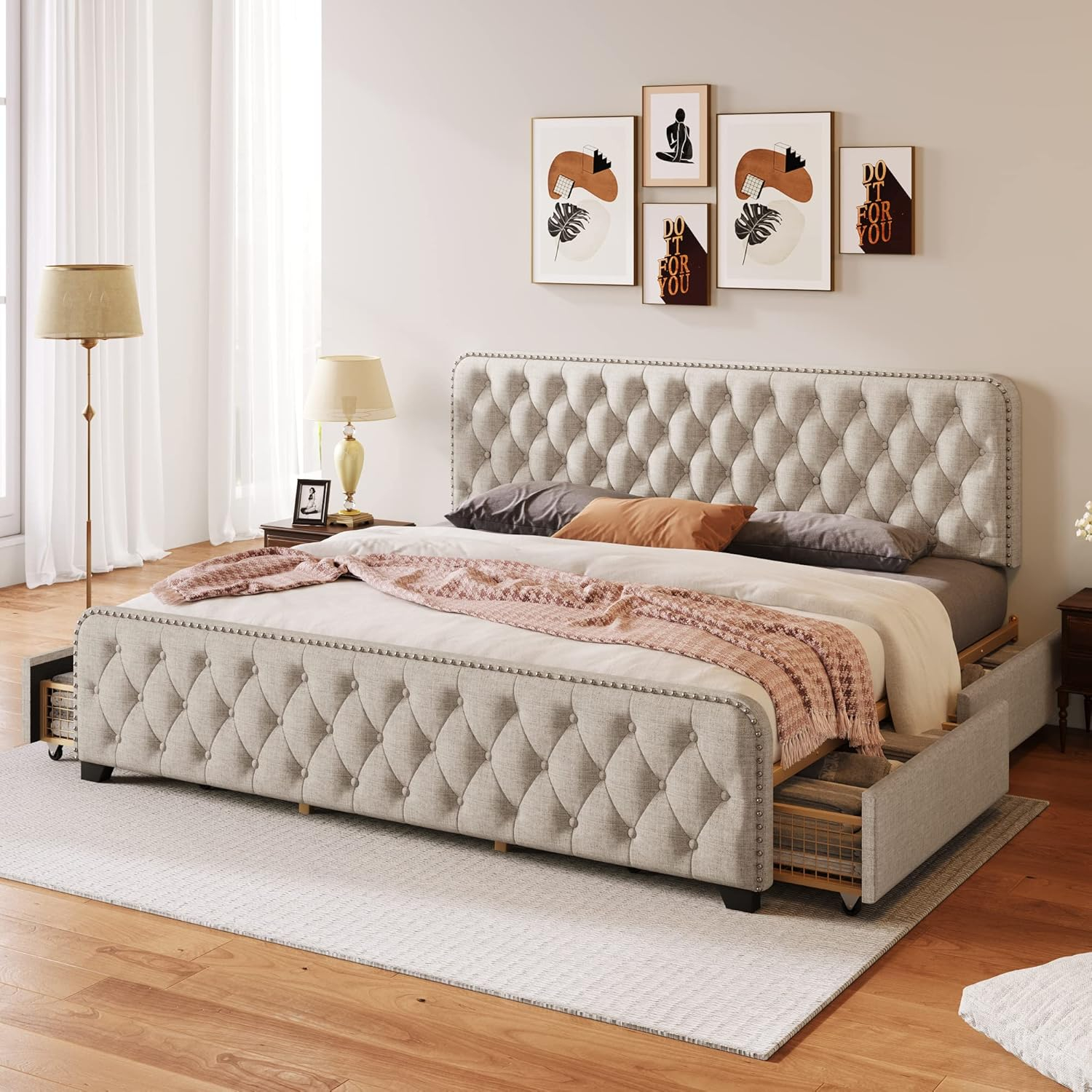 Amazon.com: King Size Upholstered Platform Bed Frame With Four Storage ... regarding King Size Bed Frame Upholstered