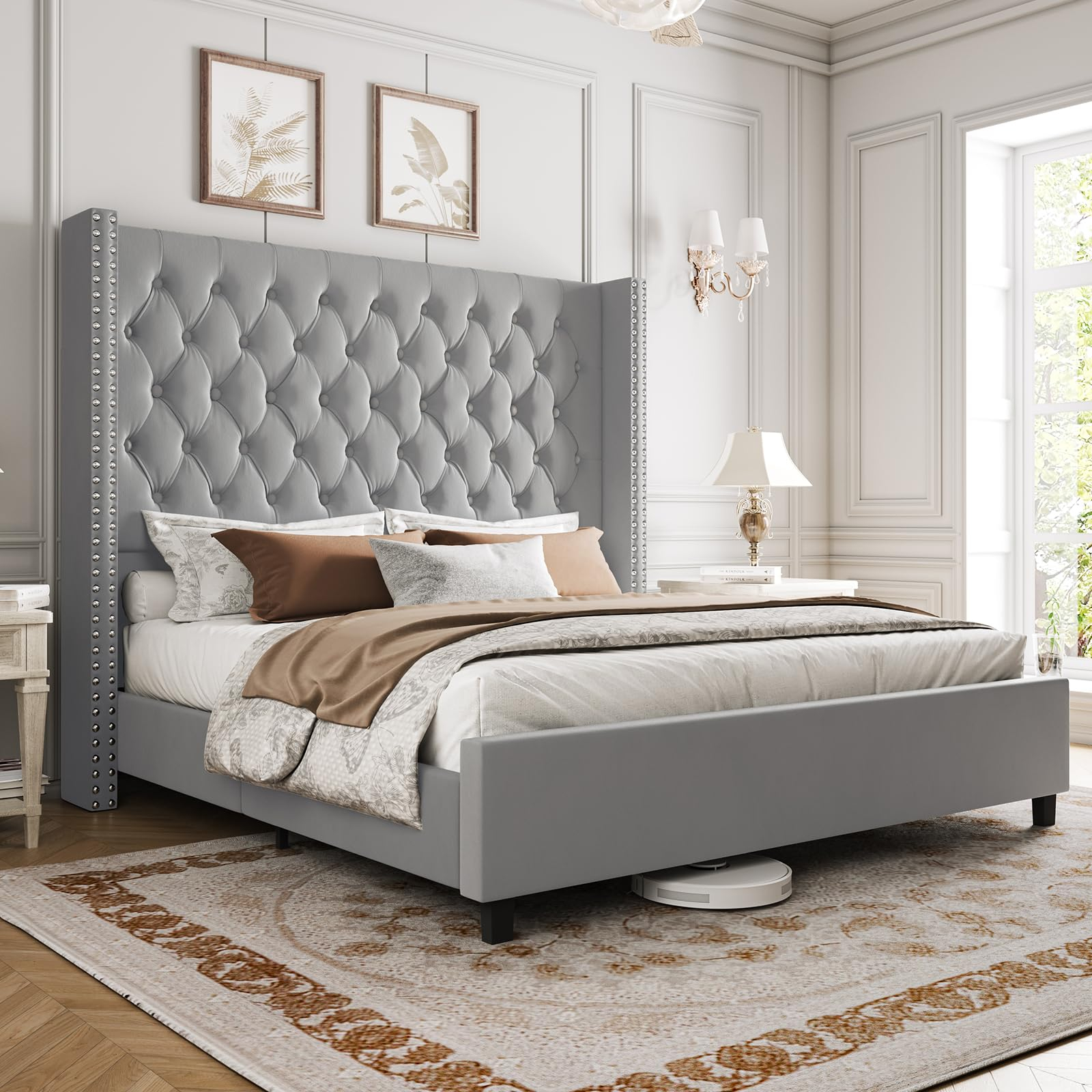 Amazon.com: Papajet King Size Bed Frame 61.4" Tall Headboard ... with regard to Understanding the Anatomy of Upholstered King Size Bed Frames