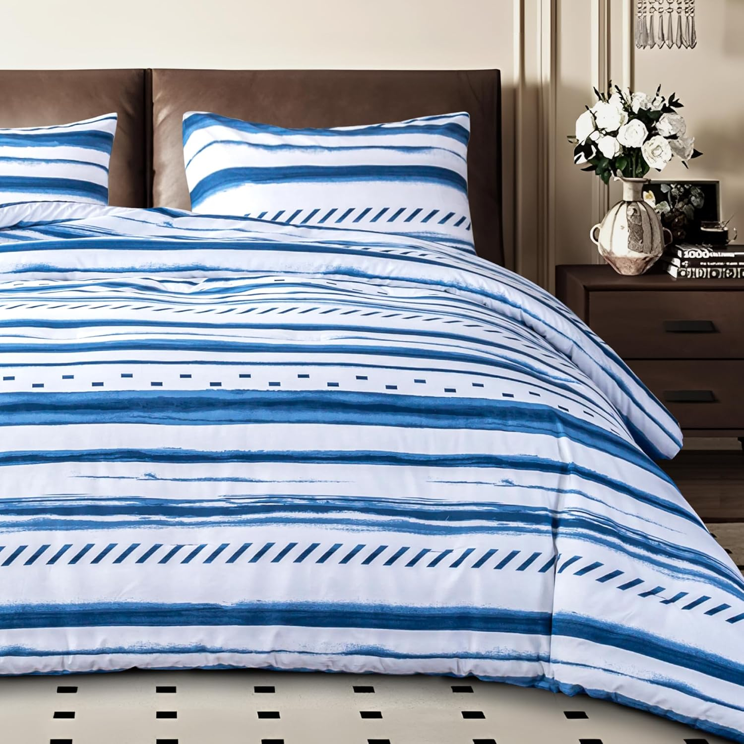 Amazon.com: Sophia & William White And Blue Striped Comforter Set For ... with regard to Blue And White Striped Bedding