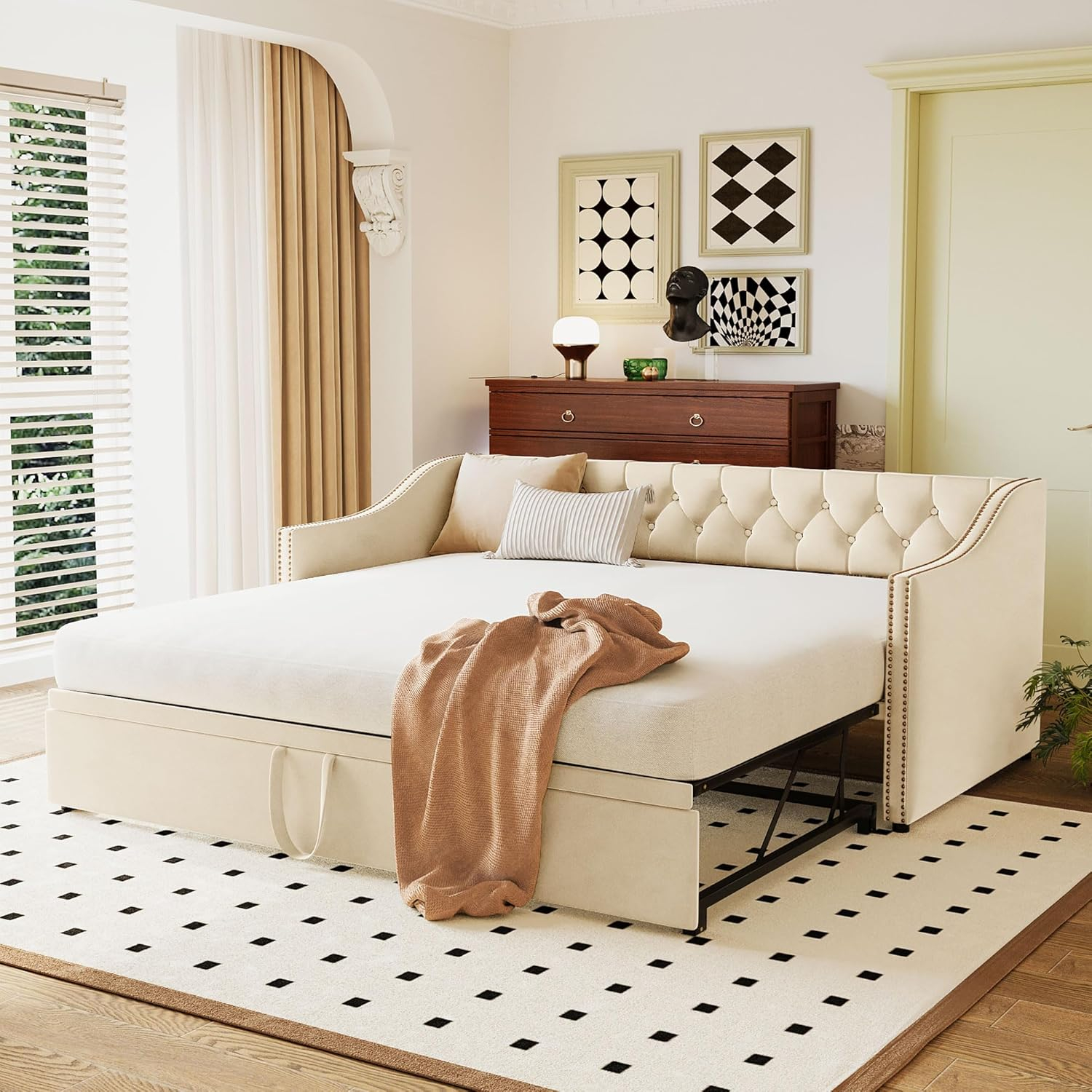Amazon.com: Twin Size Upholstered Daybed With Pop-Up Trundle,Twin ... with regard to Twin Xl Trundle Bed For Adults